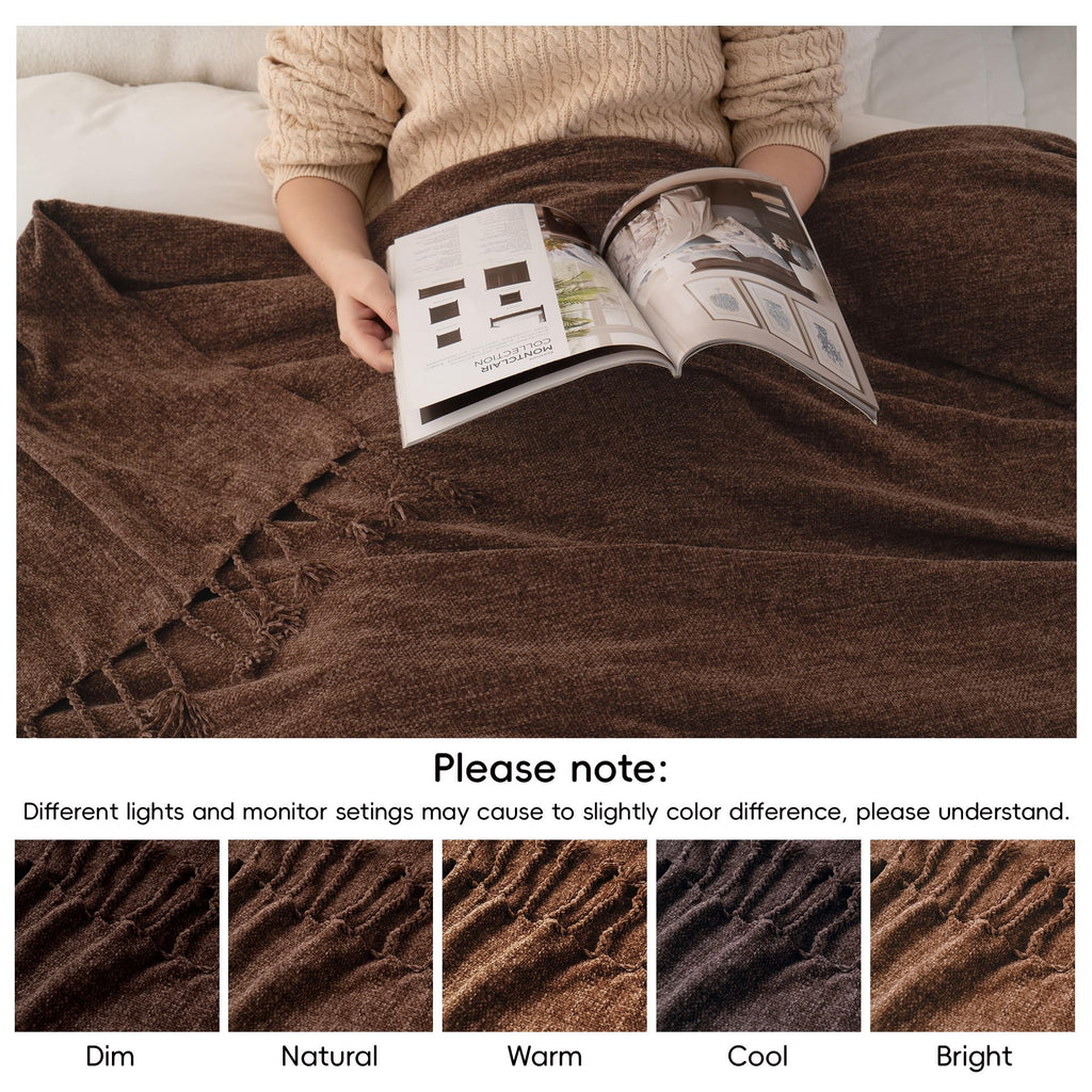 BATTILO HOME Beige Chenille Throw Blanket for Couch, Soft Cozy Textured Knit Throw Blanket with Handmade Fringe Tassels, Lightweight Decorative Farmhouse Blanket for Sofa Bed Chair, 50"x60"
