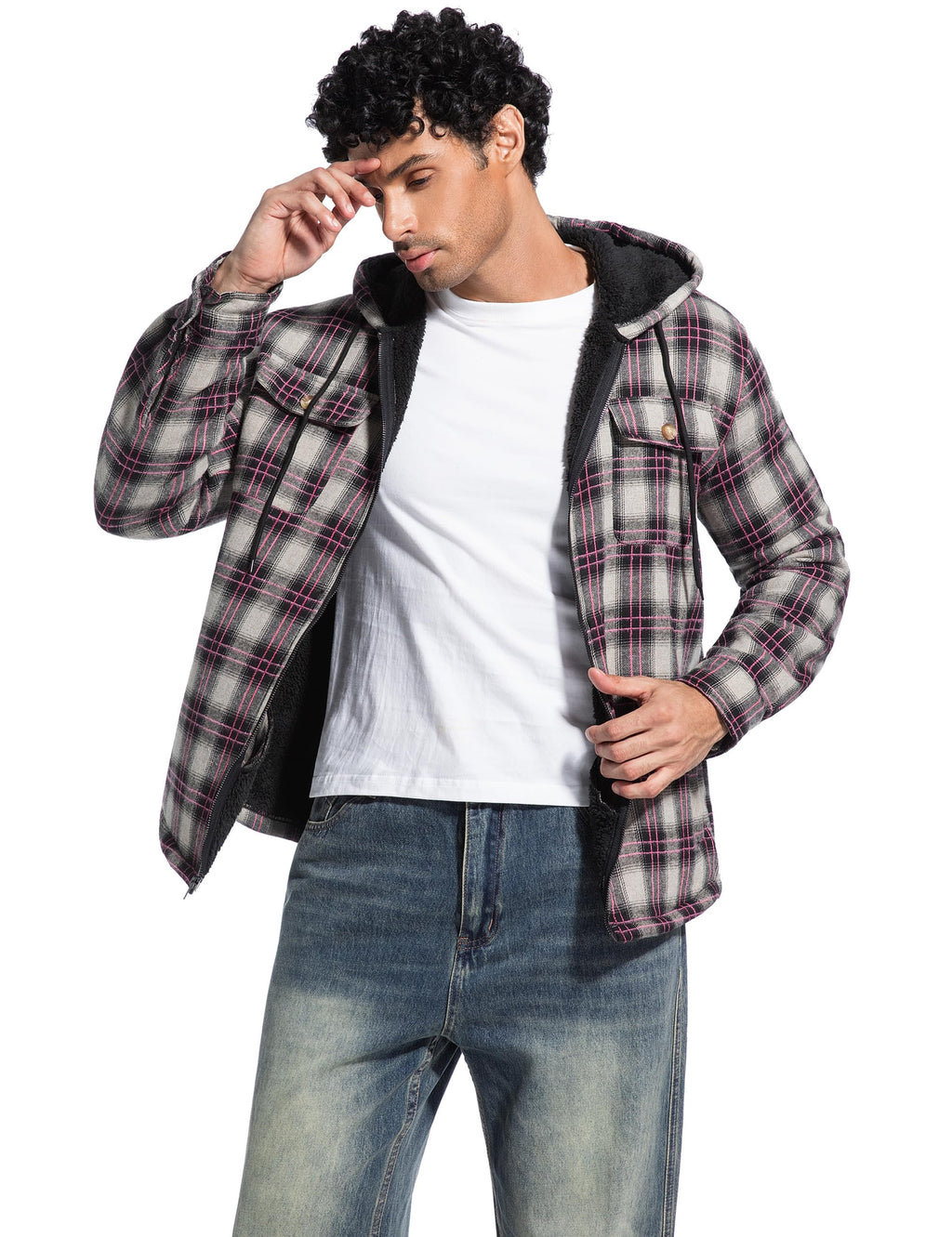 Men's Flannel Plaid Hooded Jackets Full Zip Sherpa Fleece Lined Hoodies Fashion Warm Coat