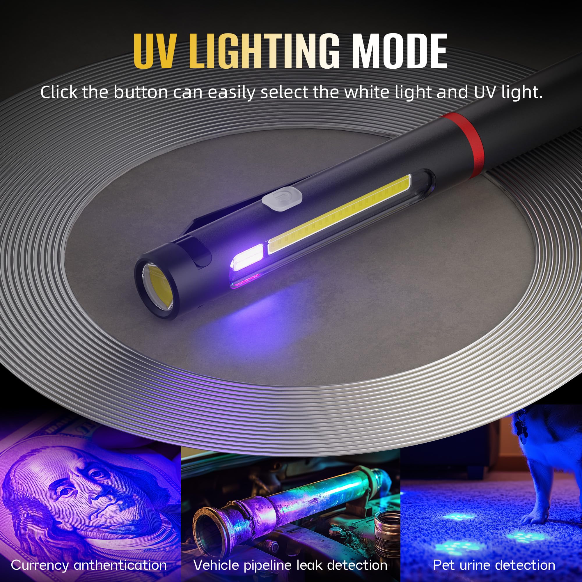 Rechargeable Pen Light, 800 Lumens LED Pen Flashlights 6 Modes COB Magnetic Flashlight with Clip Bright Pocket Flashlights Work Light Portable Waterproof Durable Penlight for Work Emergency