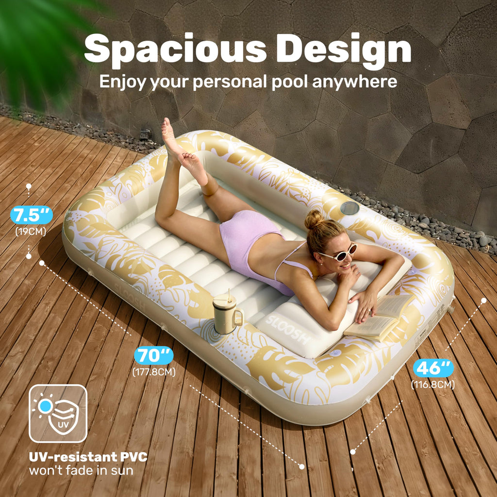 SLOOSH Inflatable Tanning Pool Lounger Float, 85" x 57" Extra Large Pool Floats Adult with Pillow, 4 in 1 Suntan Tub Raft Floatie,Sunbathing Bed Lounge for Water Blow Up Ball Pit Party Gifts, XL-Blue