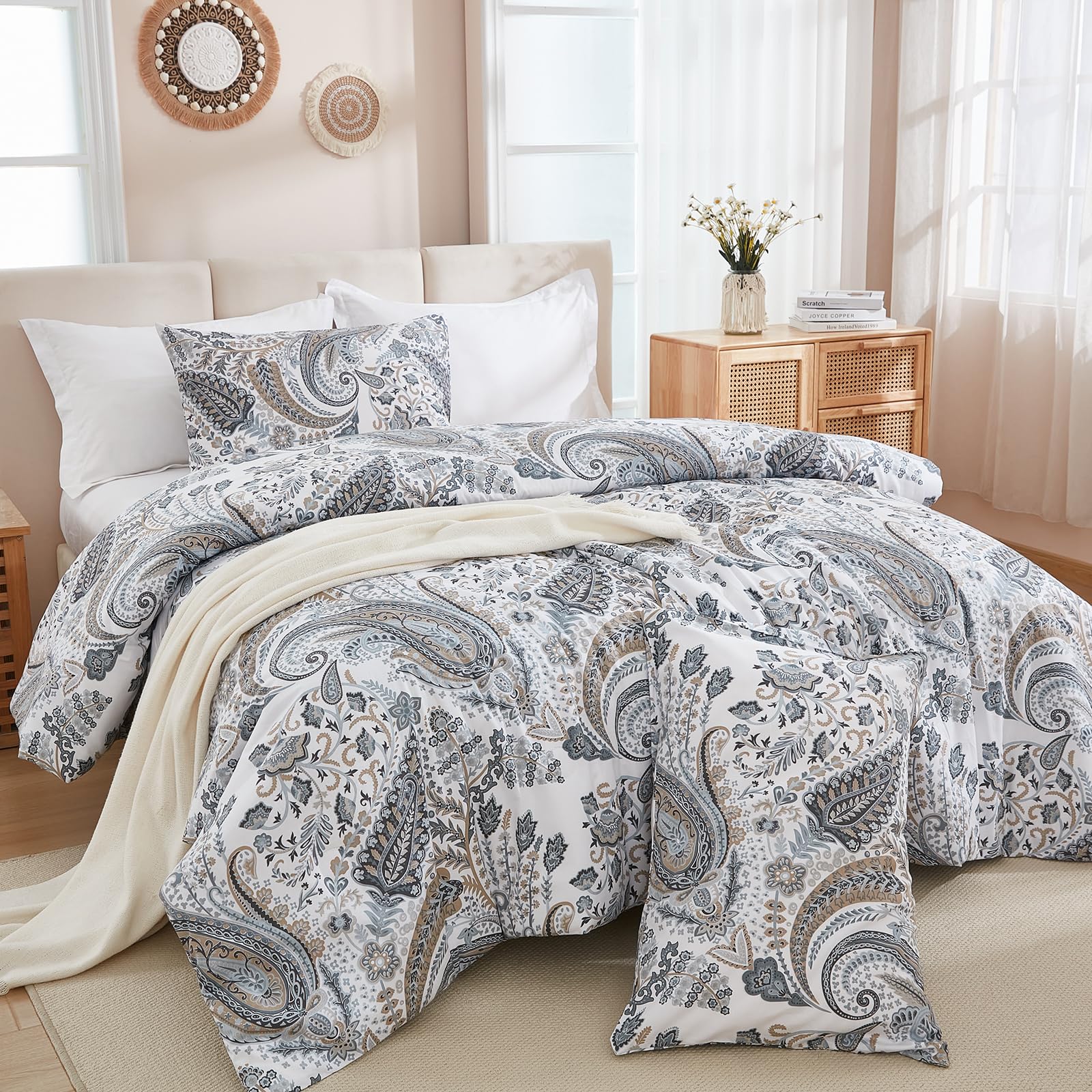 100% Natural Cotton Comforter Set Queen 3 Pcs Grayish Blue Bedding Sets with Luxurious Damask Pattern, Reversible Breathable Soft Comforter Sets for All Season
