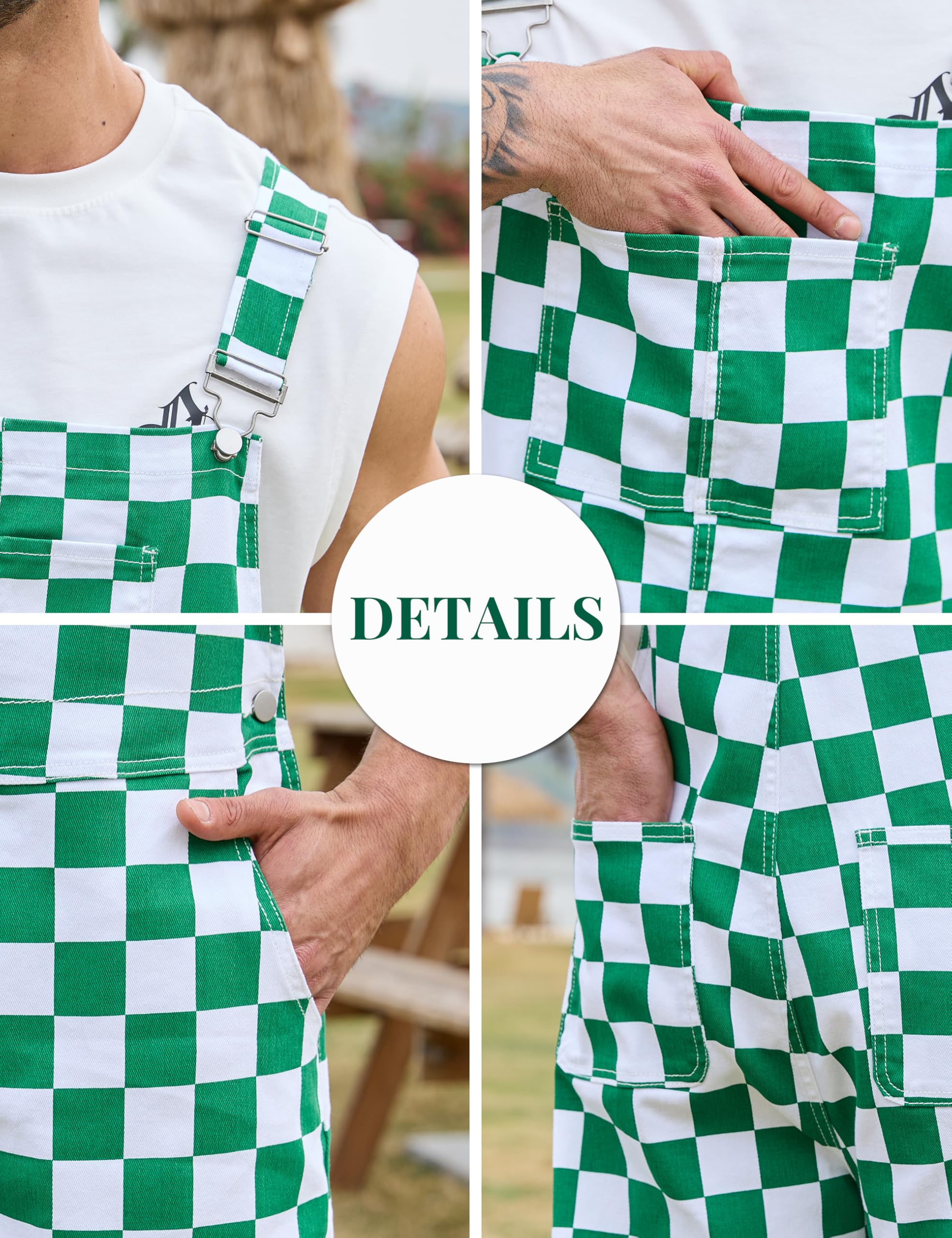Odefou Checkered Bib Overalls for Men Jumpsuit Shorts Work Coveralls