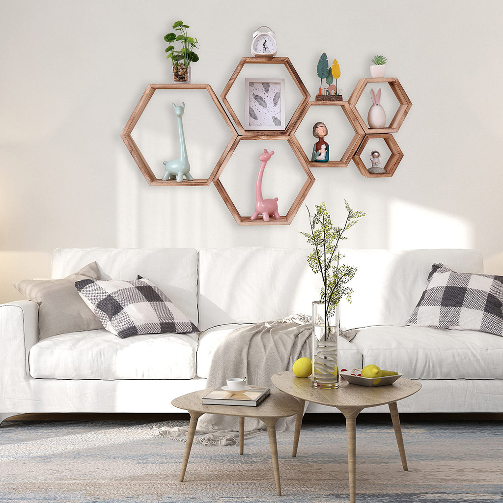 WONFUlity Hexagon Shelves for Wall Mounted, Wood Farmhouse Storage Honeycomb Floating Shelves for Wall Decor,Screws Anchors Included,5pc