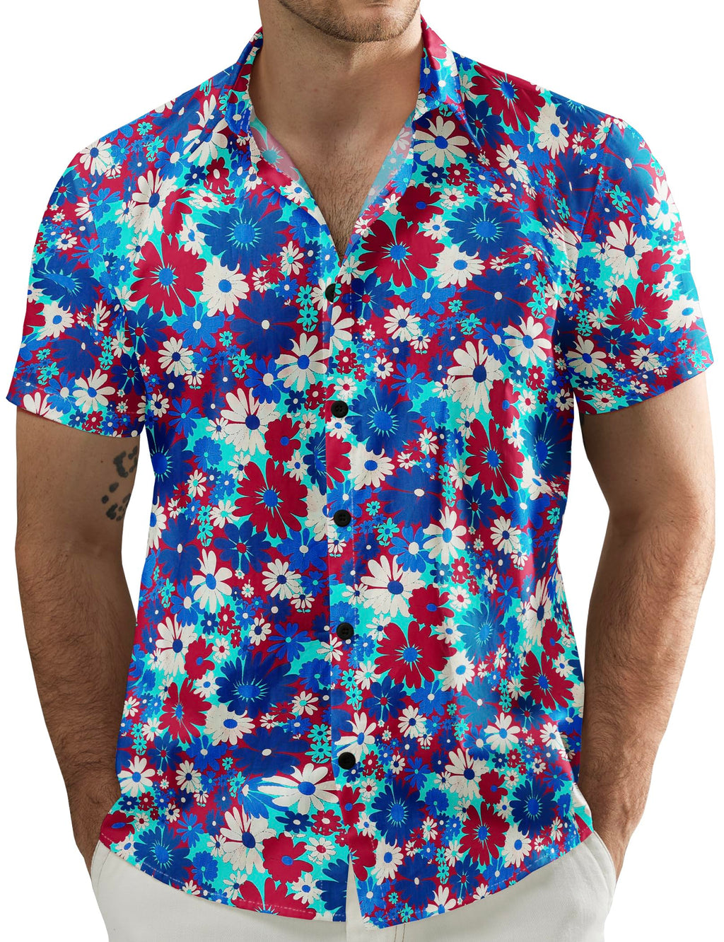 JOGAL Men's Flower Casual Short Sleeve Aloha Hawaiian Shirt