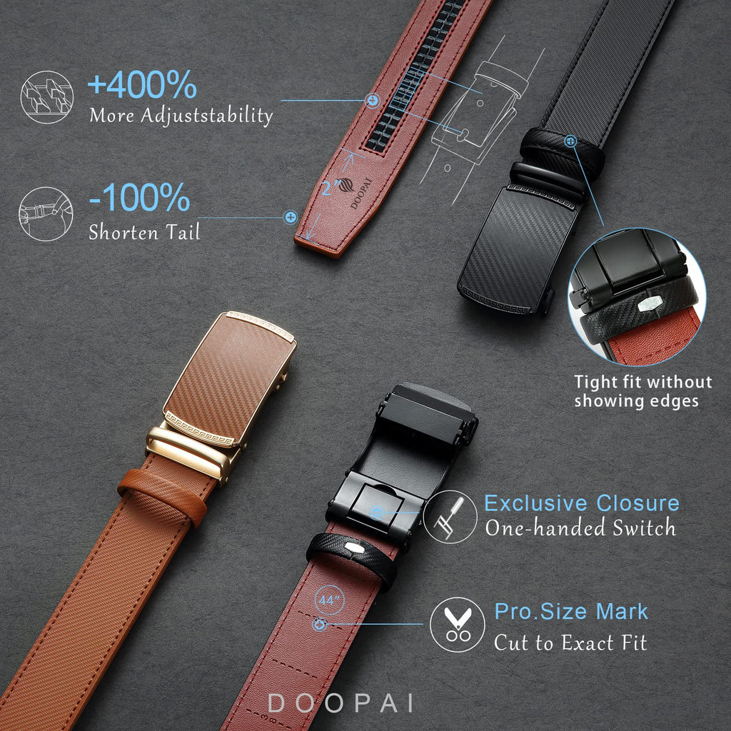 DOOPAI Men's 2 Pack Ratchet Dress Belt - Adjustable 1 3/8" Genuine Leather, Size Length Can Be Cut, With Gift Box