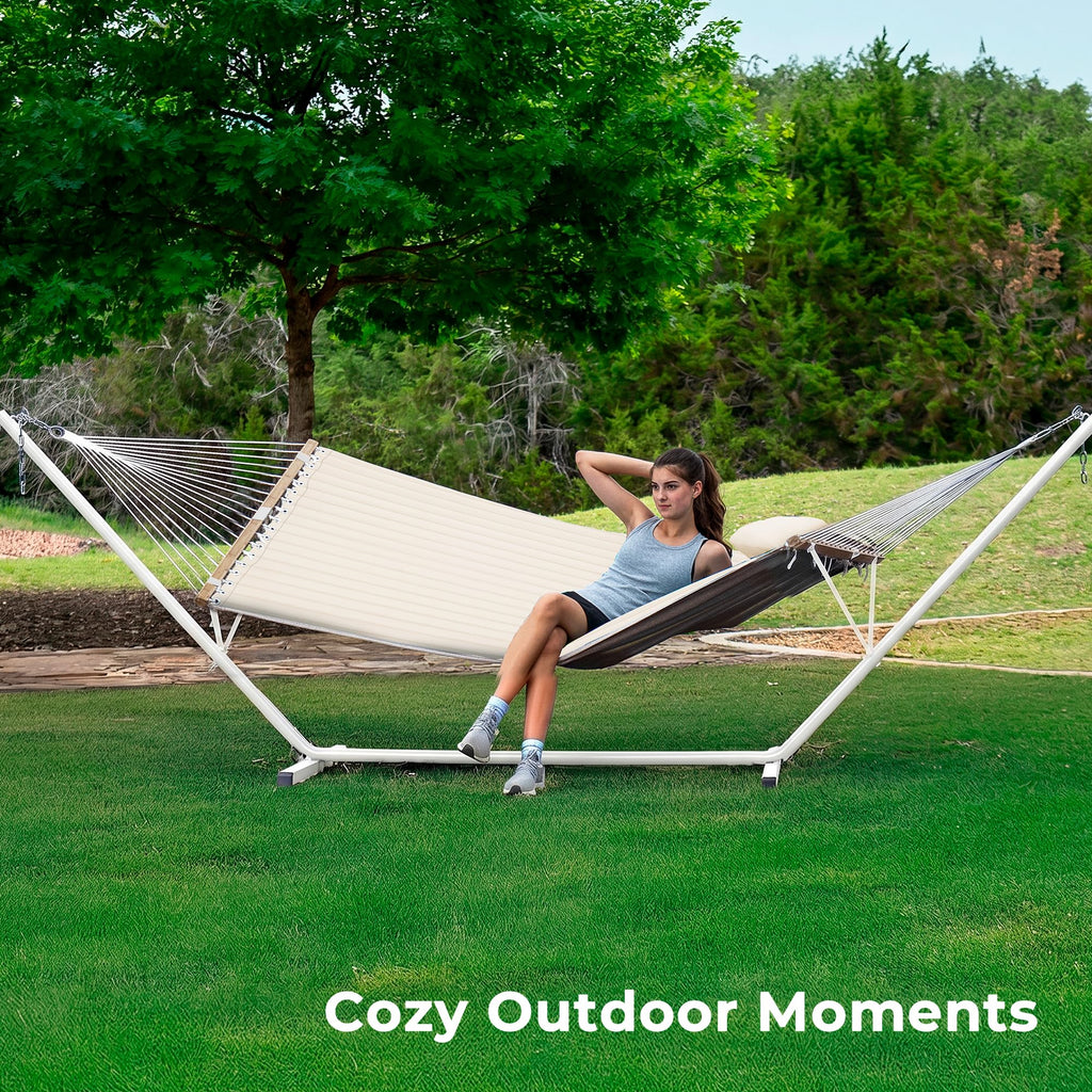 SUPERJARE Hammock with Stand, 2 Person Quilted Outdoor Hammock, Detachable Pillow & Bamboo Spreaders, Portable Hammock with Carrying Bag, Heavy Duty Stand, Perfect for Outside, Patio, Aqua Blue