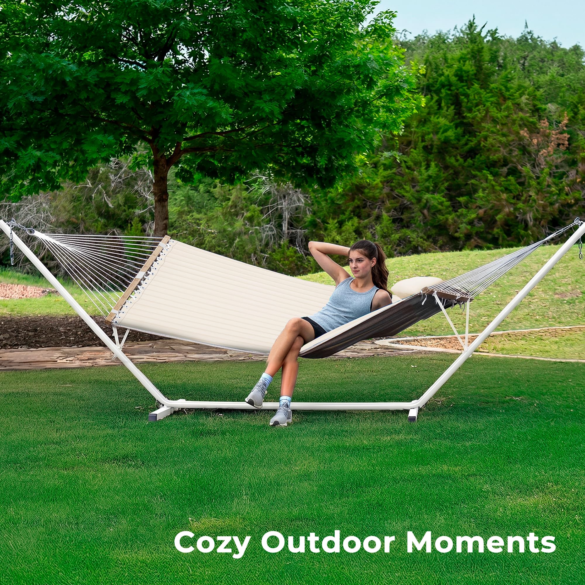 SUPERJARE Hammock with Stand, 2 Person Quilted Outdoor Hammock, Detachable Pillow & Bamboo Spreaders, Portable Hammock with Carrying Bag, Heavy Duty Stand, Perfect for Outside, Patio, Aqua Blue