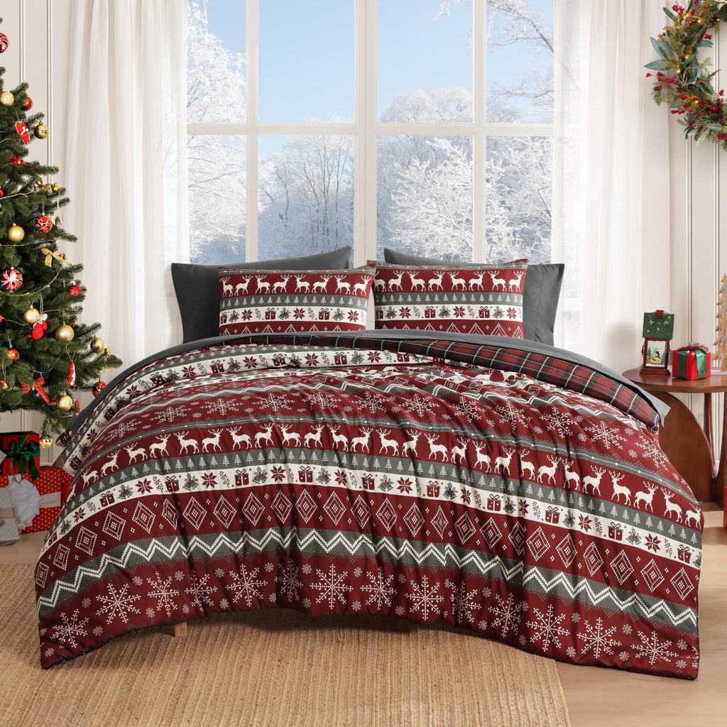 MaiRêve Queen Comforter Set, Classic Plaid Farmhouse Bedding Sets 7 Pieces, Beige All Season Bed in A Bag with Sheets, Pillowcases & Shams