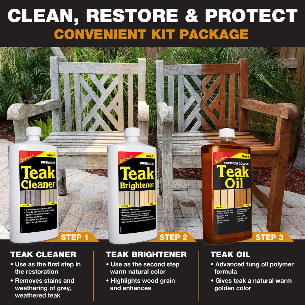 STAR BRITE Teak Care 3 Step Kit - Teak Cleaner + Teak Brightener + Teak Oil - 16 OZ (081216)