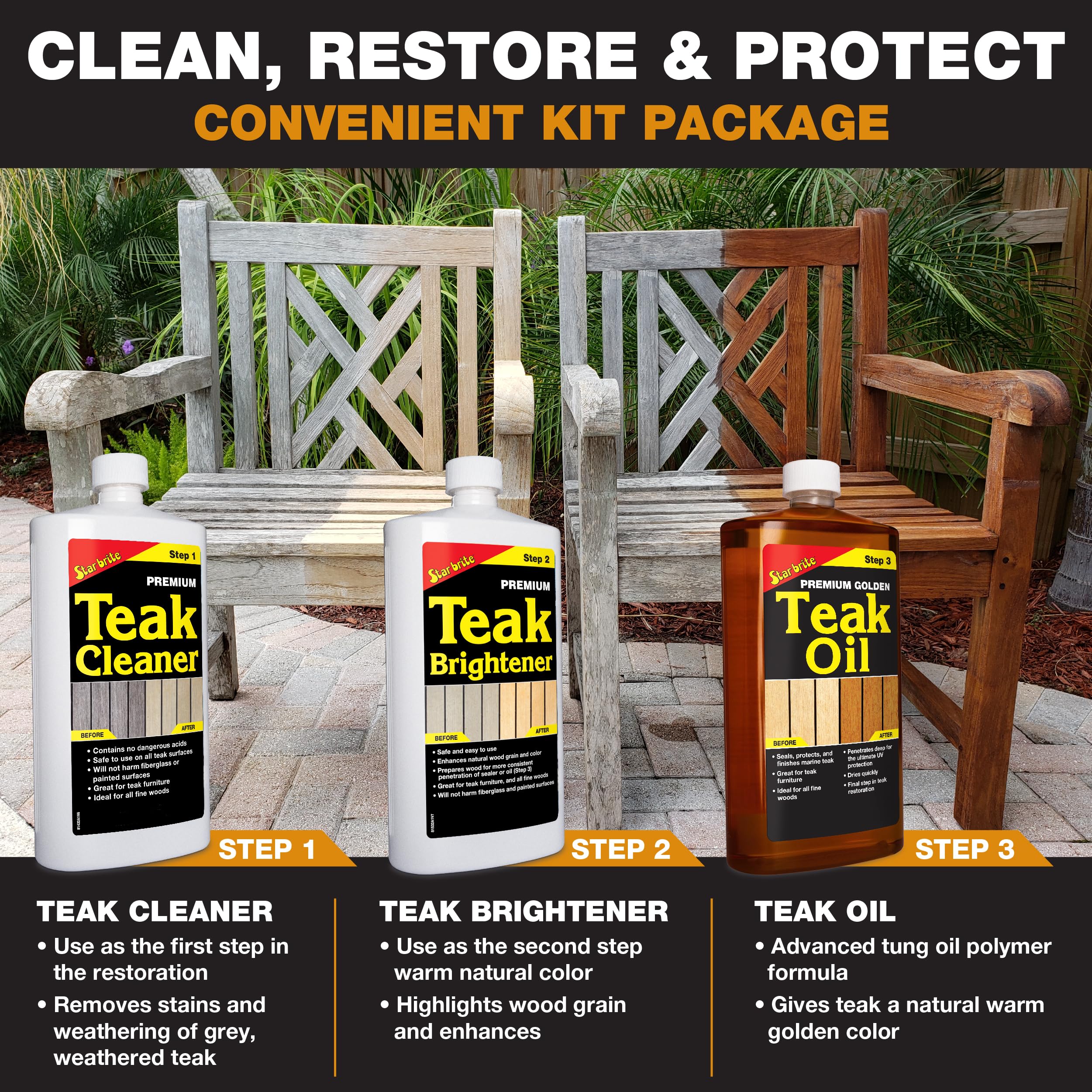 STAR BRITE Teak Care 3 Step Kit - Teak Cleaner + Teak Brightener + Teak Oil - 16 OZ (081216)