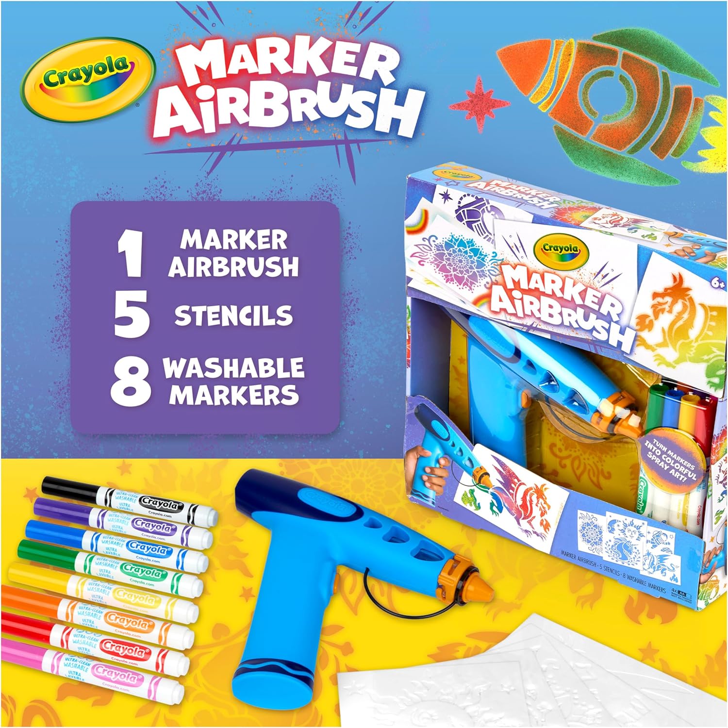 Crayola Marker Airbrush Spray Art Kit, Battery-Powered Sprayer with 8 Washable Markers & 5 Stencils, DIY Craft Set, Ages 6+