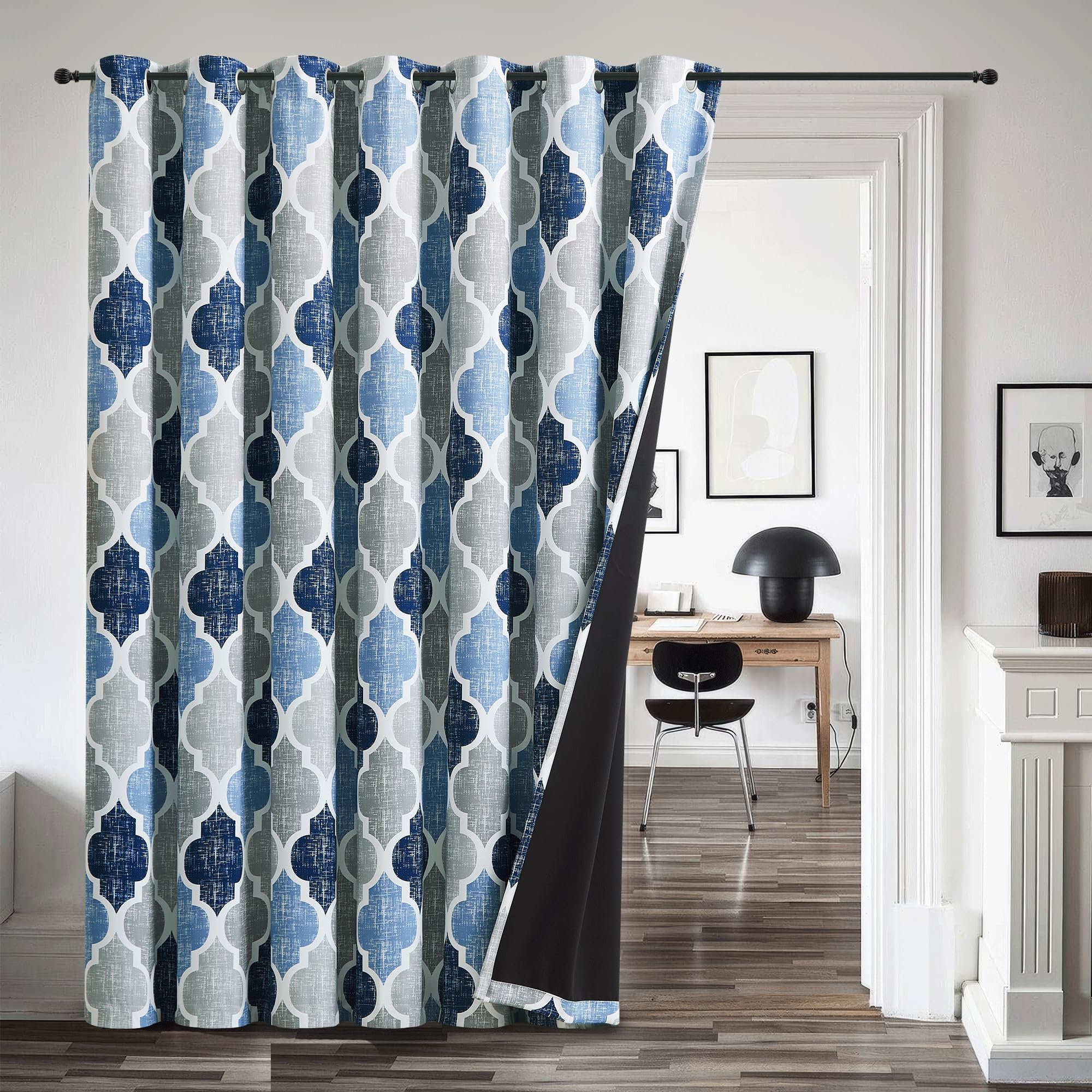 Beauoop 100% Blackout Curtains 45 Inches Long 2 Panels for Bedroom Living Room Aqua Grey Moroccan Geo Room Darkening Thermal Insulated Soundproof Grommet Top Window Treatments Drapes, 50x45 Set of 2