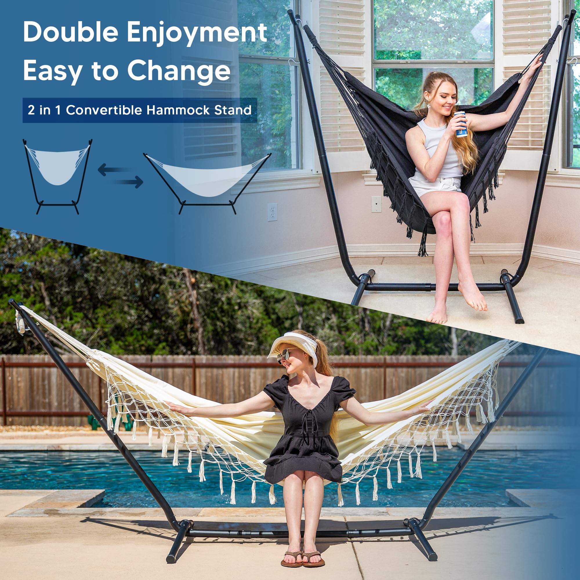SUNCREAT 2-in-1 Convertible Free Standing Hammock with Stand Included, Camping Backyard Hammock with Stand, Patented, Blue & White Stripe