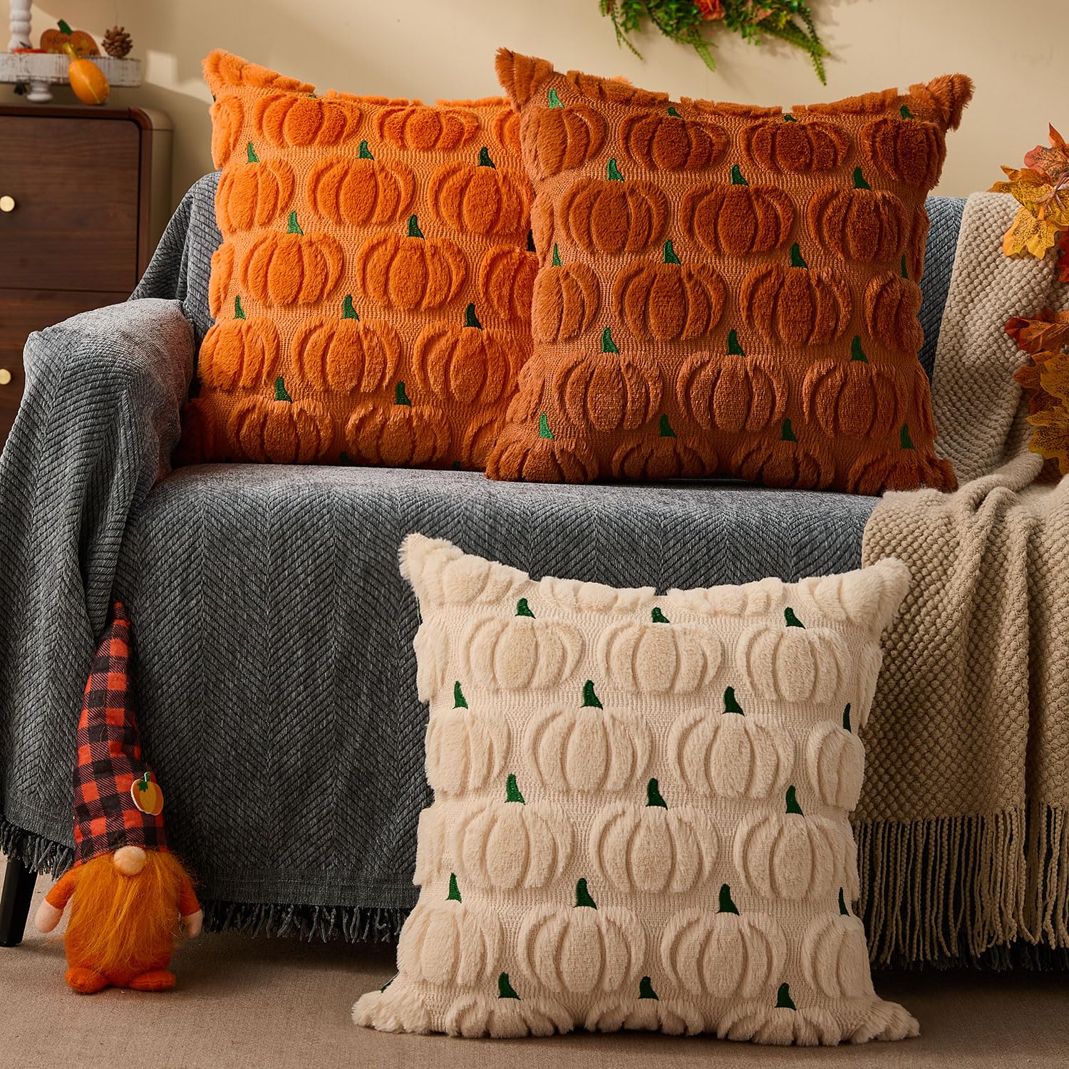 DFXSZ Fall Pillow Covers 16x16 Set of 2 Fall Decorations Autumn Beige Pumpkin Throw Pillow Cases Soft Plush Faux Fur Wool Couch Cushion Case for Chair Sofa Bedroom Living Room Home Decor PTK02B16