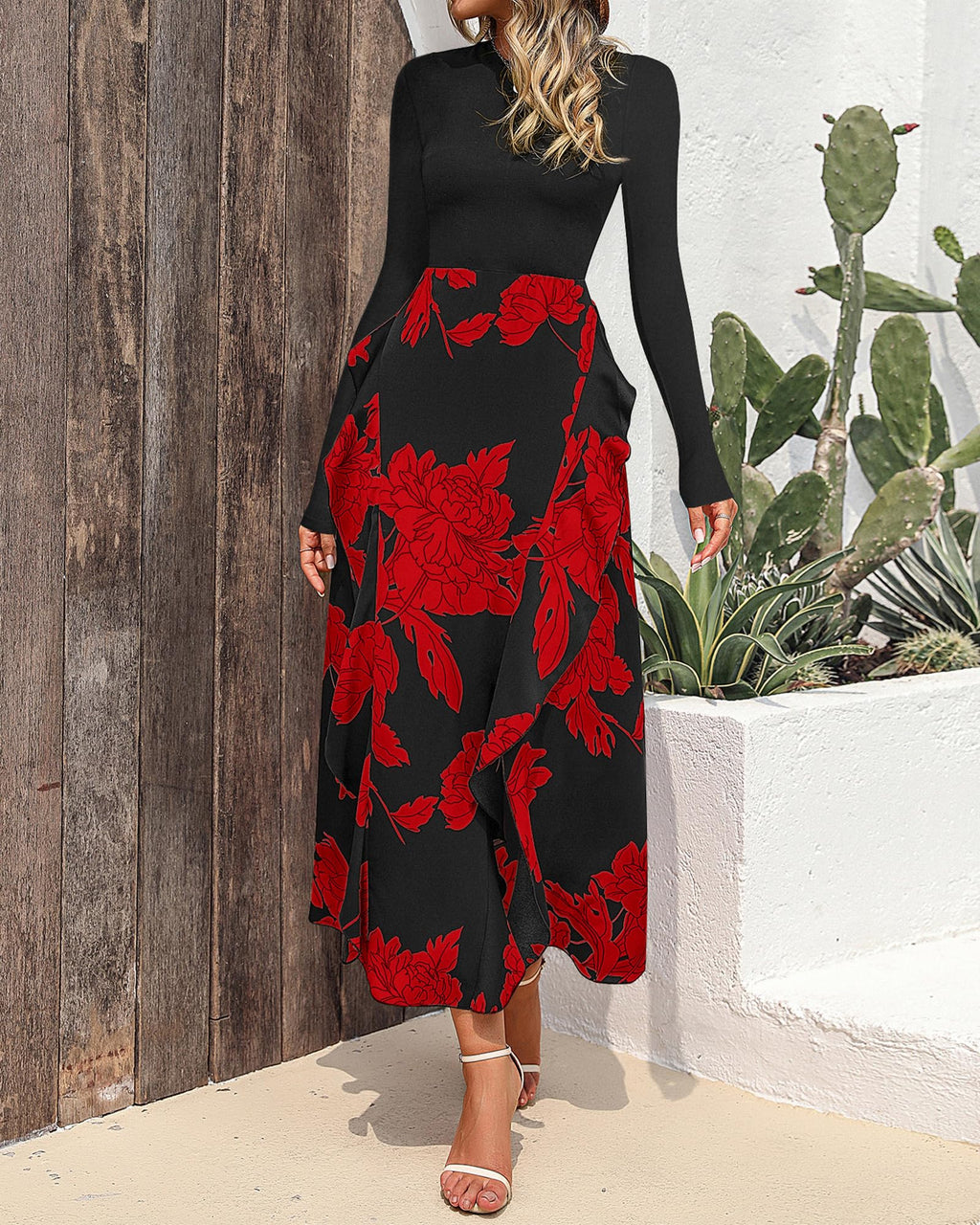BTFBM Womens Floral Maxi Dress Fall 2025 Casual Crewneck Long Sleeve Ruffle Flowy Cocktail Wedding Guest Dresses