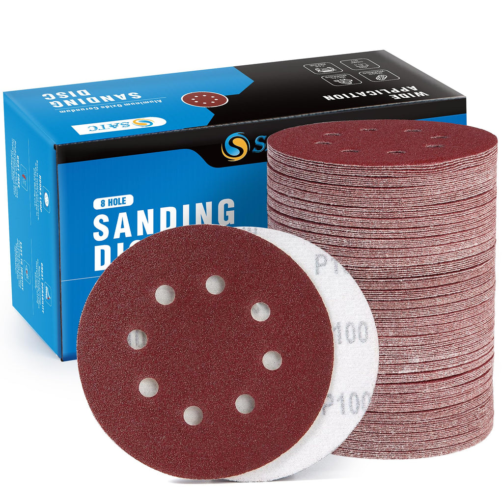 S SATC 72 PCS 5 Inch 8 Hole Hook and Loop Adhesive Sanding Discs Sandpaper for Random Orbital Sander 40 60 80 120 180 240 320 Grits