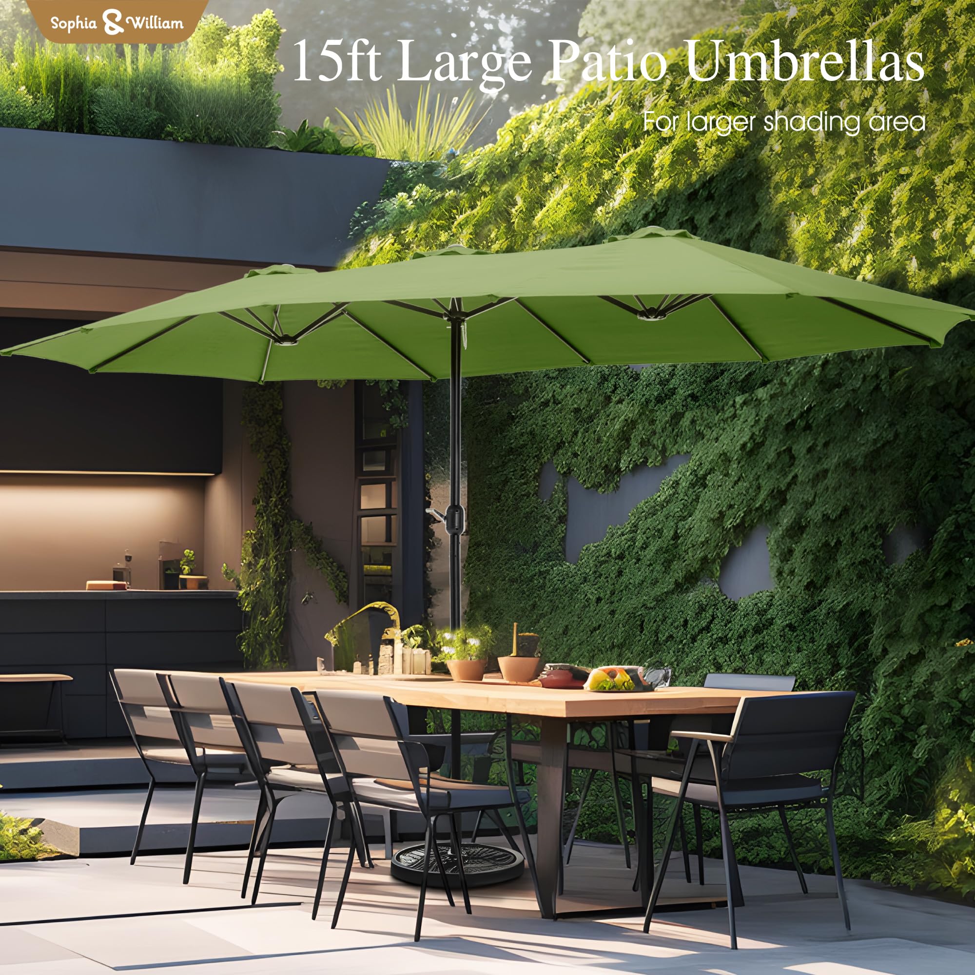 Sophia & William 15 ft Extra Large Patio Umbrella with Base Included, Rectangular Outdoor Umbrella Heavy Duty, Market Umbrella Double-sided Fade Resistant for Pool Garden Backyard, Beige