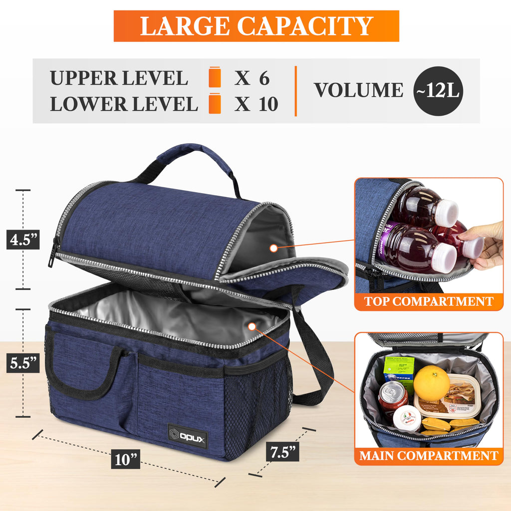 opux Insulated Lunch Bag Women Men, Dual Compartment Leakproof Lunch Box Adults Kids, Double Decker Meal Prep Bento Lunch Cooler Tote with Shoulder Strap for Work Office School Travel, Black