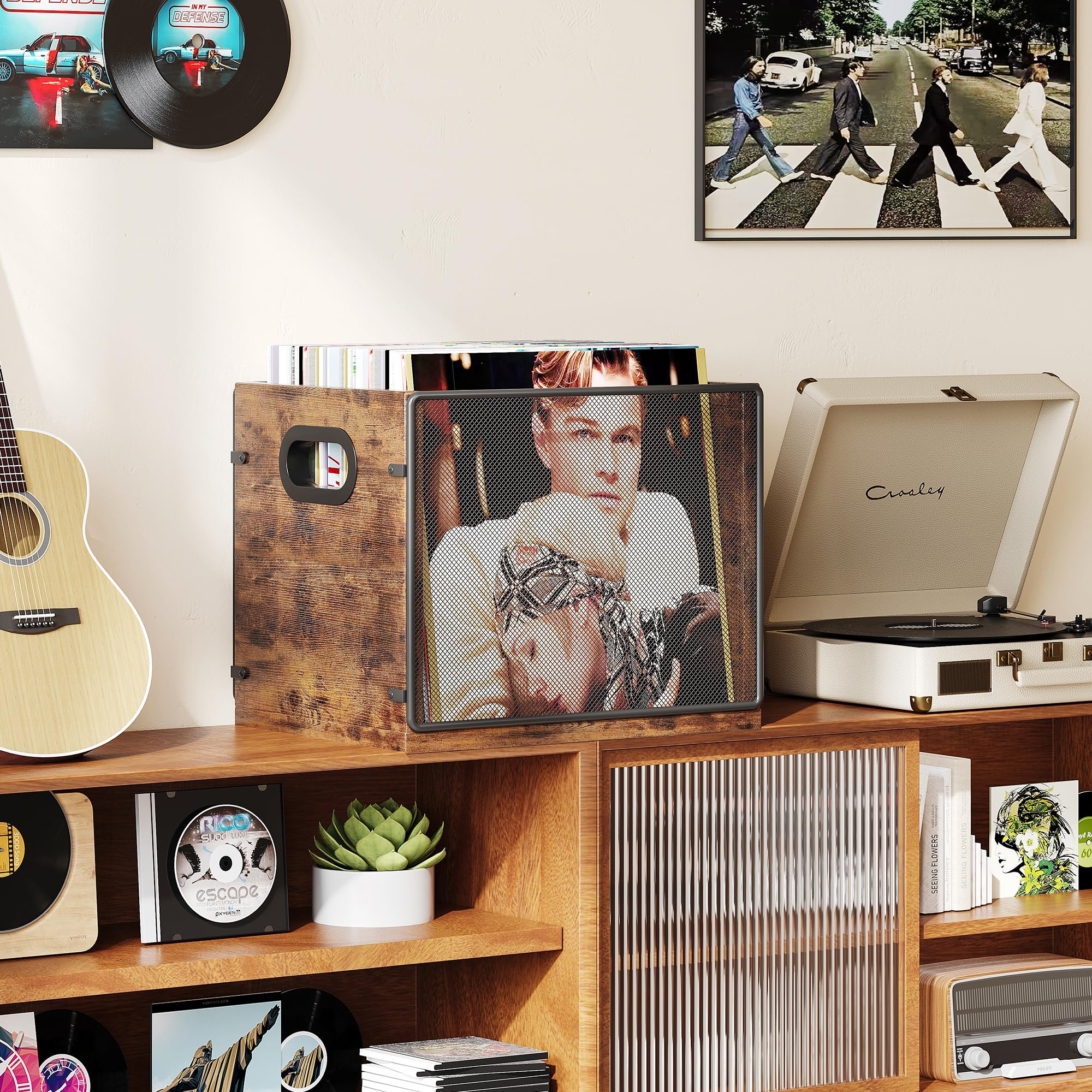 Homeiju Vinyl Record Storage, Record Box Case Crate, Vinyl Record Album Holder, Desktop Metal & Wooden LP Record Crate, Holds up to 60 Records（Patent No.D1024563