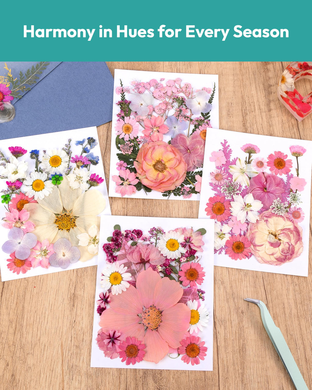 Dried Flowers, Resiners 58Pcs Pressed Flowers for Craft Pink Real Natural Dried Flowers Dry Leaves Kit for DIY Making Crafts Resin Soap Candle Scrapbook Supplies Card Making Jewelry