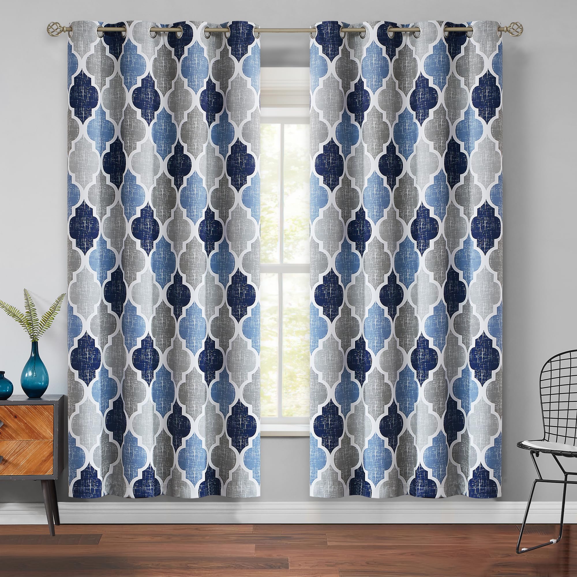 Beauoop 100% Blackout Curtains 45 Inches Long 2 Panels for Bedroom Living Room Aqua Grey Moroccan Geo Room Darkening Thermal Insulated Soundproof Grommet Top Window Treatments Drapes, 50x45 Set of 2