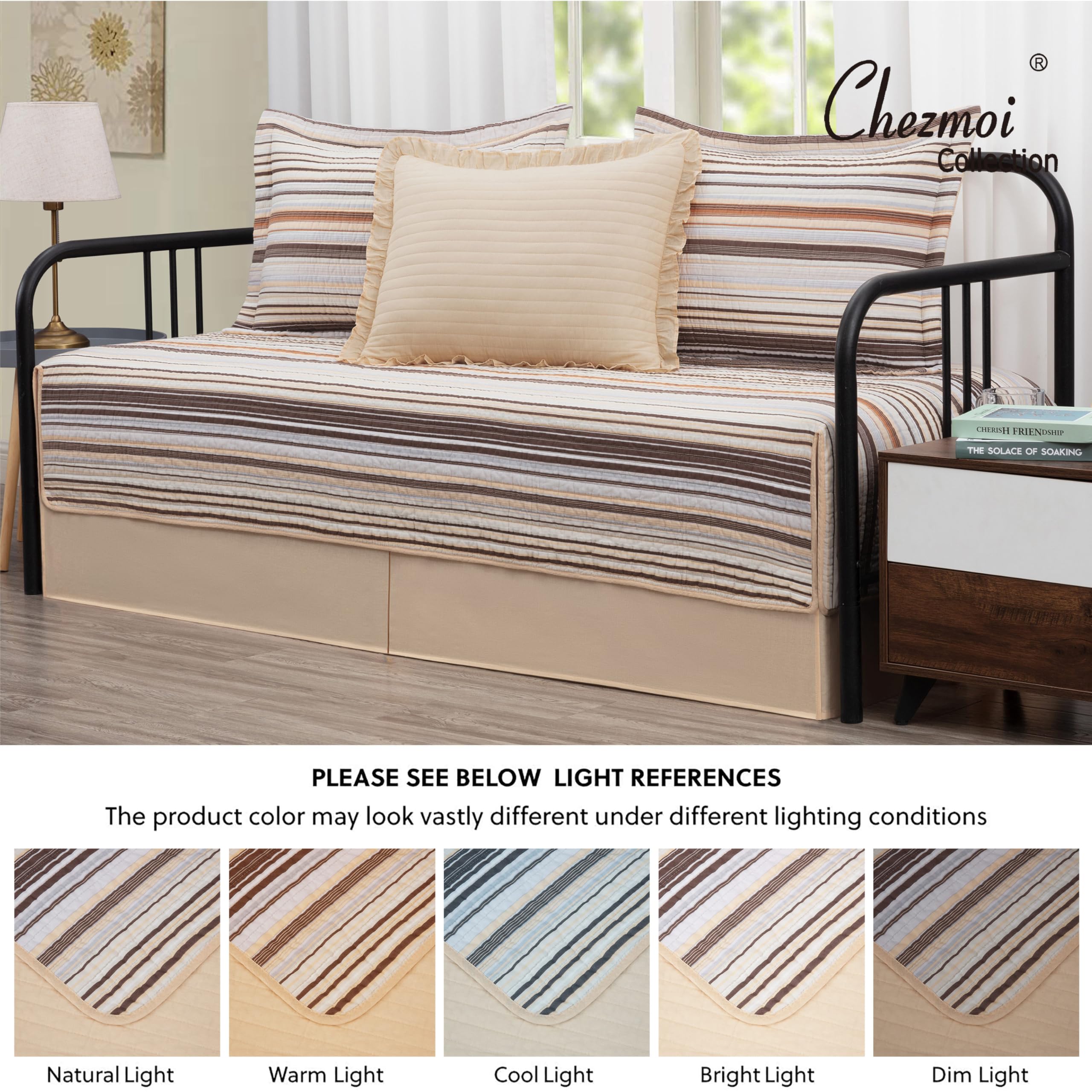 Chezmoi Collection Avery Striped Cotton Quilt Set Twin Size, 2-Piece Soft Pre-Washed 100% Cotton Quilt, Multi-Color Brown
