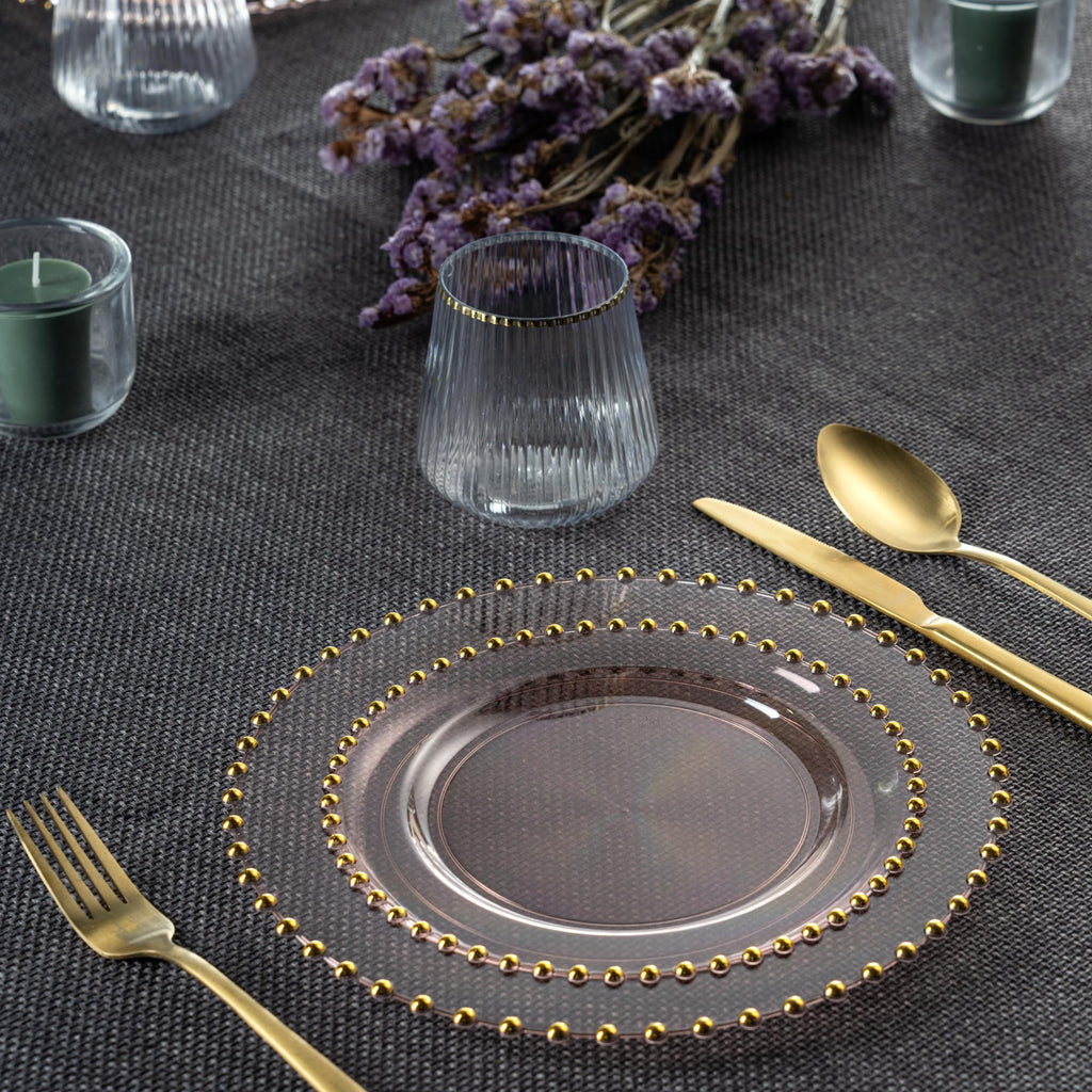 PLASTICPRO 32 Piece Combo Plastic Dinner Plates Disposable Plastic Fancy Heavy Duty Party Dishes 7 inch and 10 inch, Black and Gold Beaded