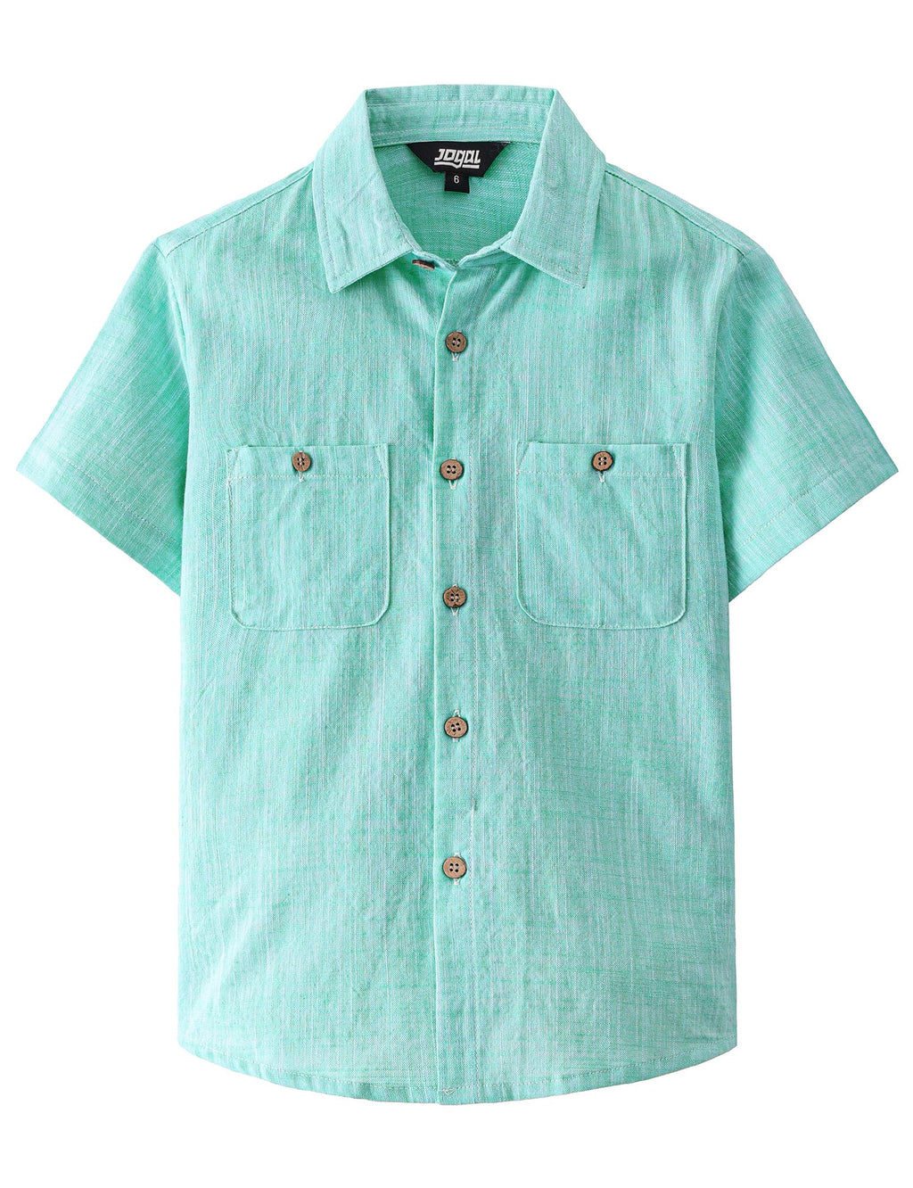 JOGAL Boys Chambray Shirts Short Sleeve Button Down Casual Cotton Woven Shirt with Two Pockets for Kids 6-14 Years