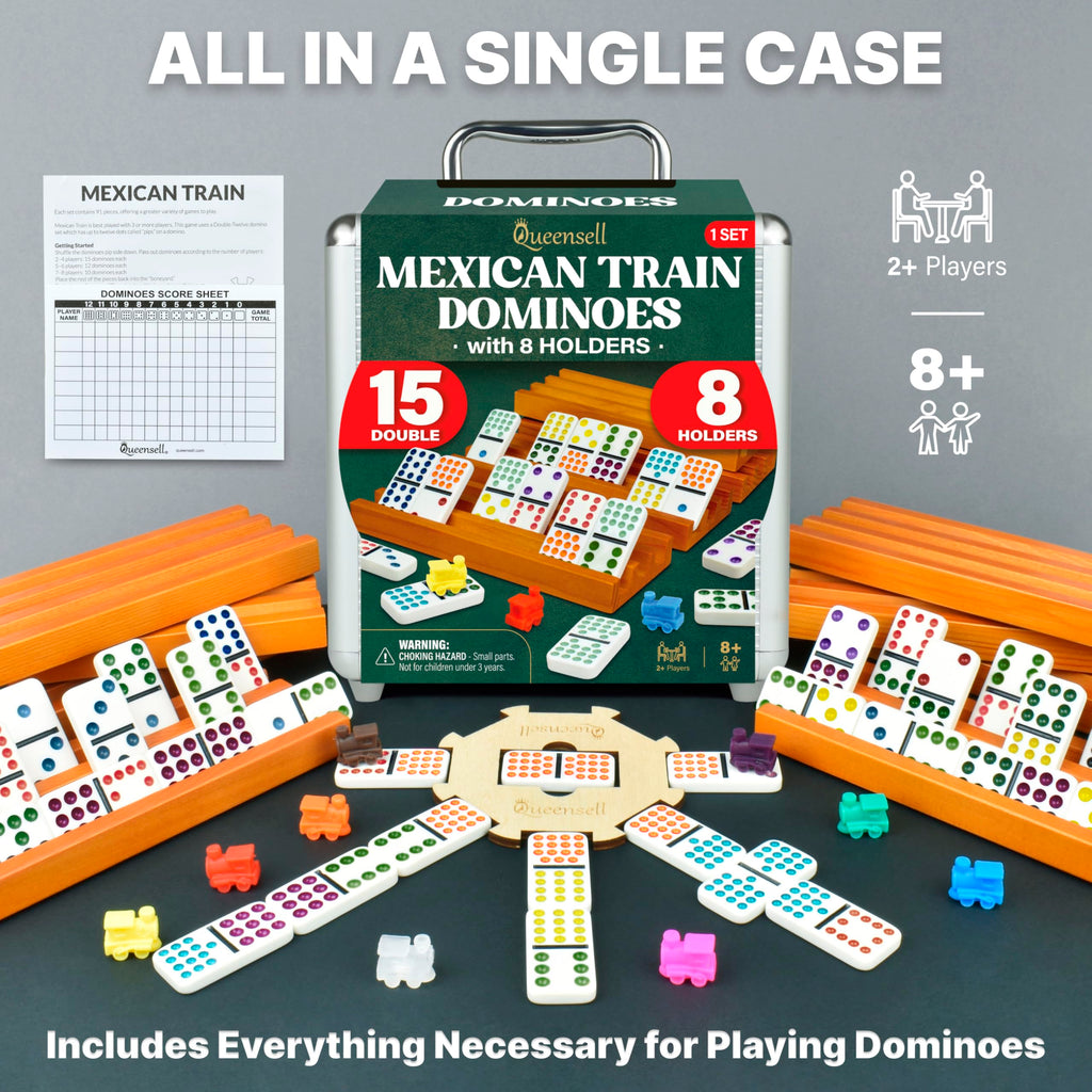 Queensell Mexican Train Dominoes Set Double 15 for Adults and Family, Mexican Train Double 15 Dominoes Set Colored Dot - 136 Tiles, 9 Trains, Wooden Hub, Aluminum Case (Double 15)
