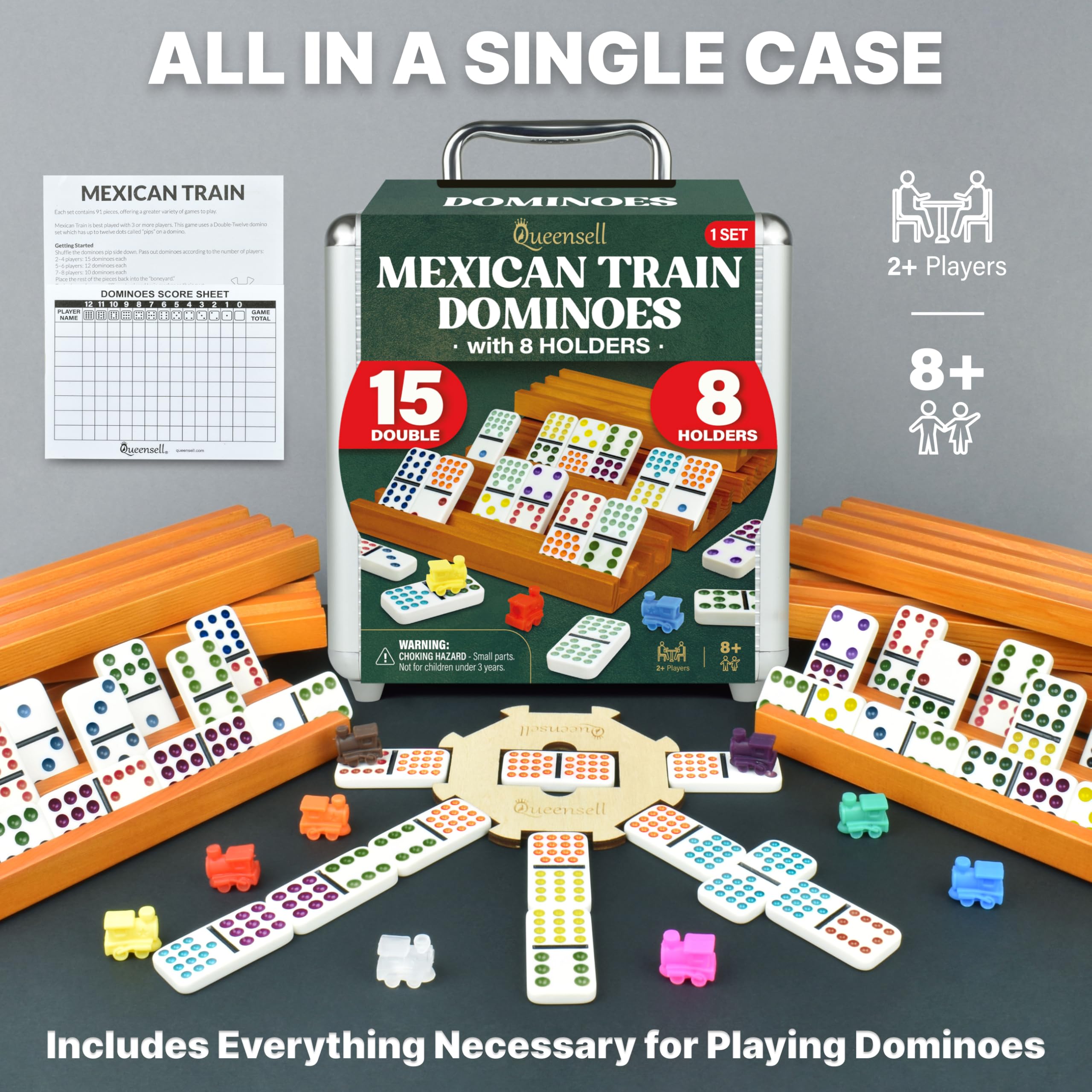 Queensell Mexican Train Dominoes Set Double 15 for Adults and Family, Mexican Train Double 15 Dominoes Set Colored Dot - 136 Tiles, 9 Trains, Wooden Hub, Aluminum Case (Double 15)