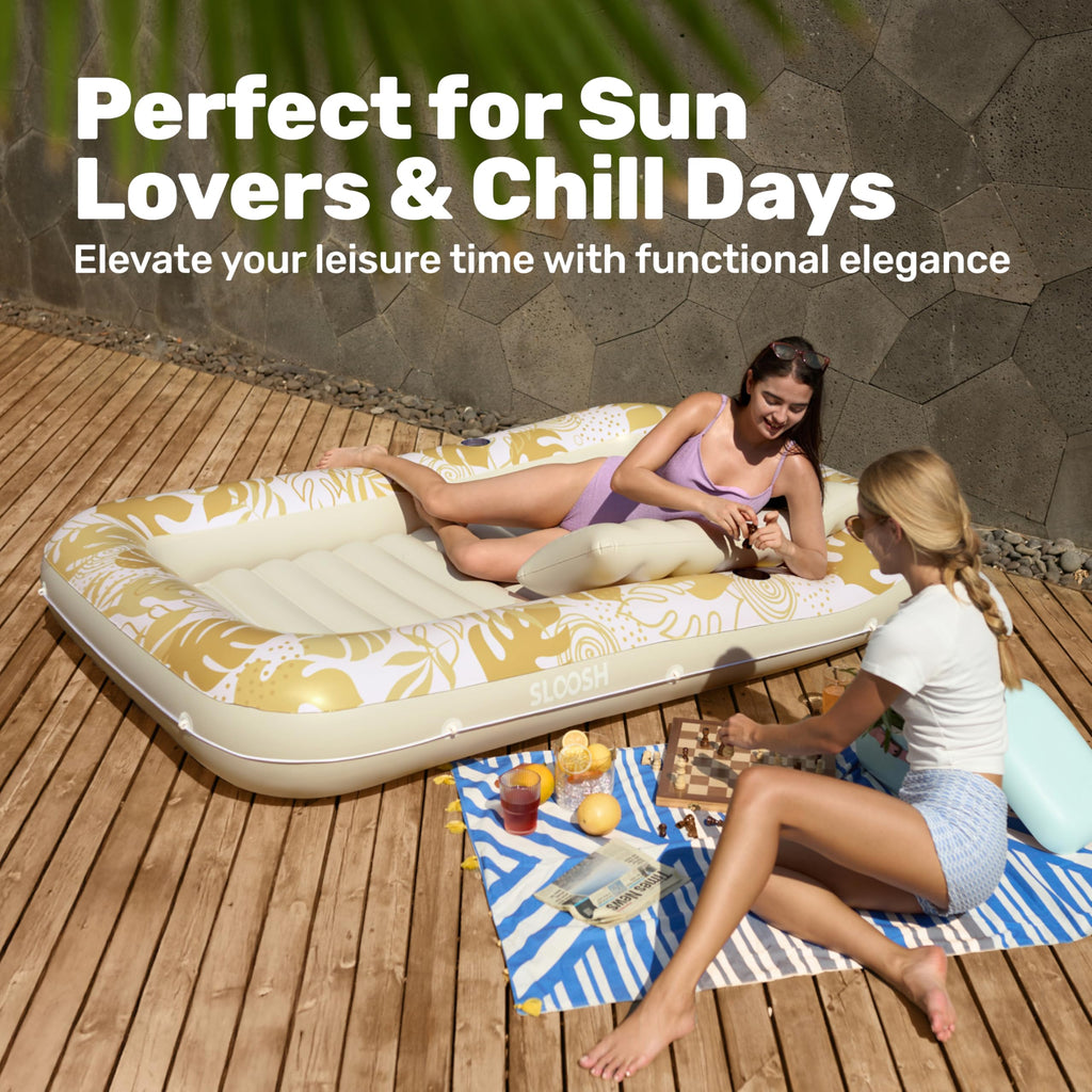 SLOOSH Inflatable Tanning Pool Lounger Float, 85" x 57" Extra Large Pool Floats Adult with Pillow, 4 in 1 Suntan Tub Raft Floatie,Sunbathing Bed Lounge for Water Blow Up Ball Pit Party Gifts, XL-Blue
