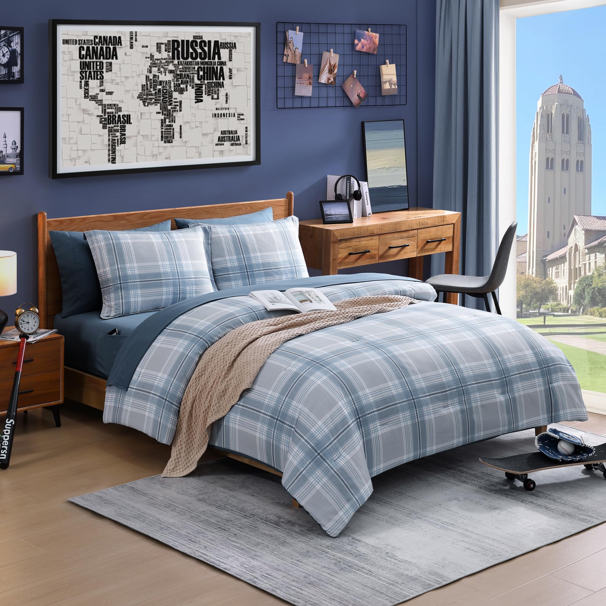AMBERSPACE Plaid Twin XL Comforter Set Black, Reversible Checkered Bedding Set 5 Pieces for Boys Girls Teen, Lightweight Bed in a Bag for Dorm with Sheets, Pillowcase & Sham