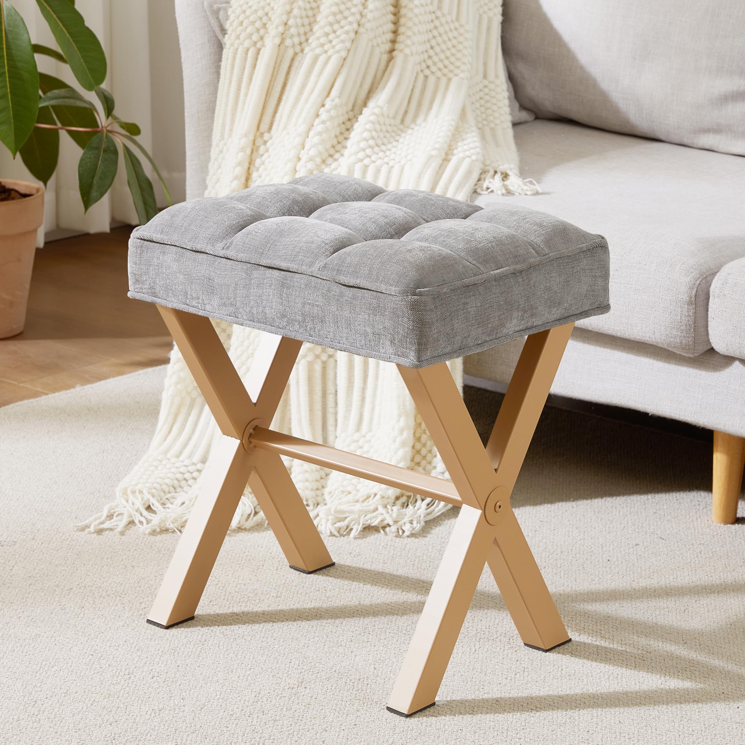 Royal Windsor Vanity Stool with Saddle Cushion, 18 Inch Makeup Vanity Chair for Living Room, Modern Foot Stool Ottoman Piano Bench,Small Upholstered Bench for Bedroom, Beige