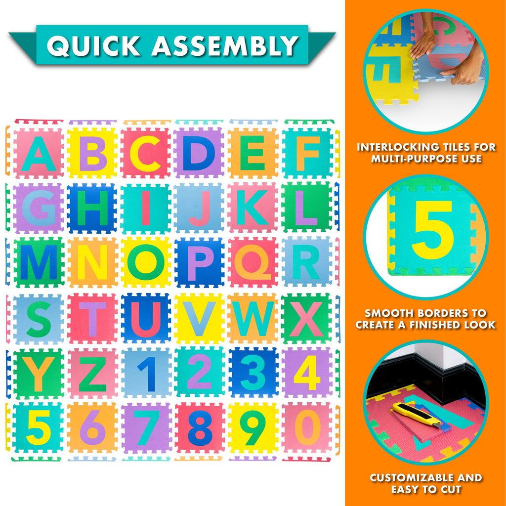 ProSource Kids Foam Puzzle Floor Play Mat with Shapes & Colors 36 Tiles, 12"x12" and 24 Borders