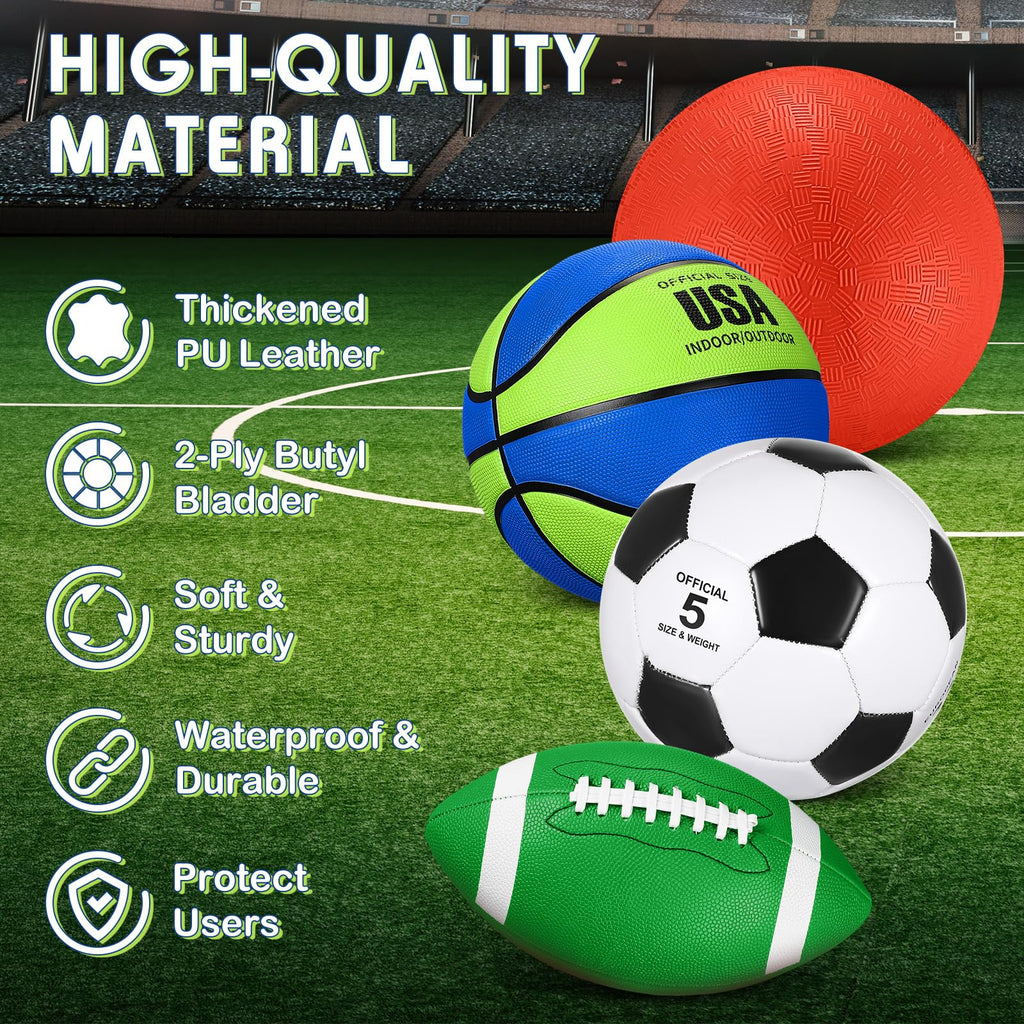 Lenwen 4 Pcs Sports Balls Set for Teen Adult, Include Official Size Basketball Soccer Football Playground Ball Pump Equipment Bag Ball Gifts Back to School