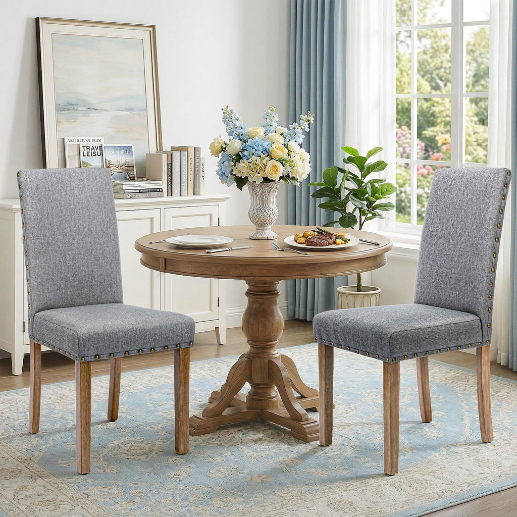 Upholstered Dining Chair Modern Stylish Parsons Kitchen Diner High Back with Bronze Nailhead Trim & Wood Legs, Set of 2, Grey