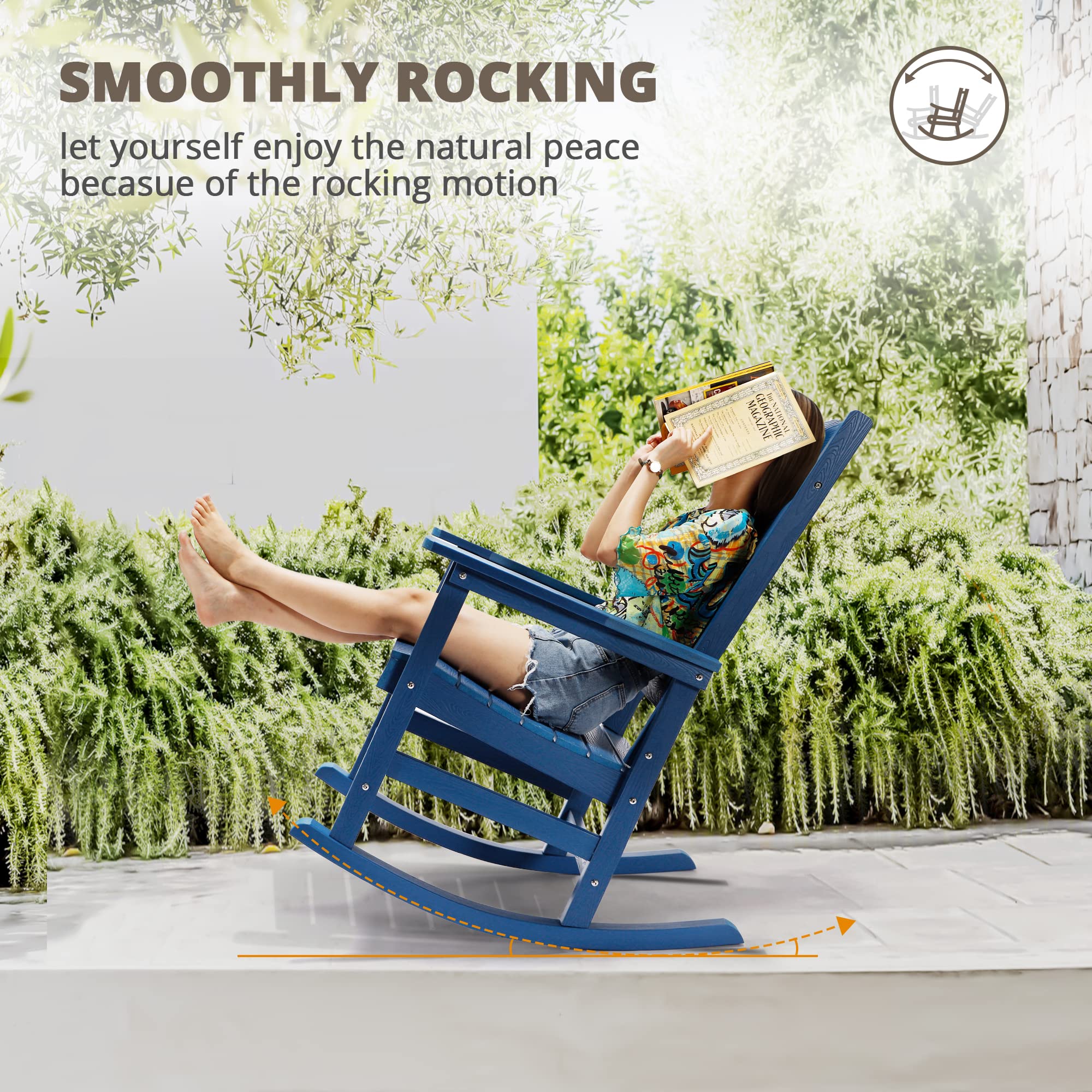 LUE BONA Rocking Chair Outdoor, Weather Resistant HDPS Plastic Rocker Chairs, 350lb Heavy Duty, Oversized Porch Rocker for Adult, High Back Smooth Rocking Chairs for Outdoor & Indoor, Aruba Blue