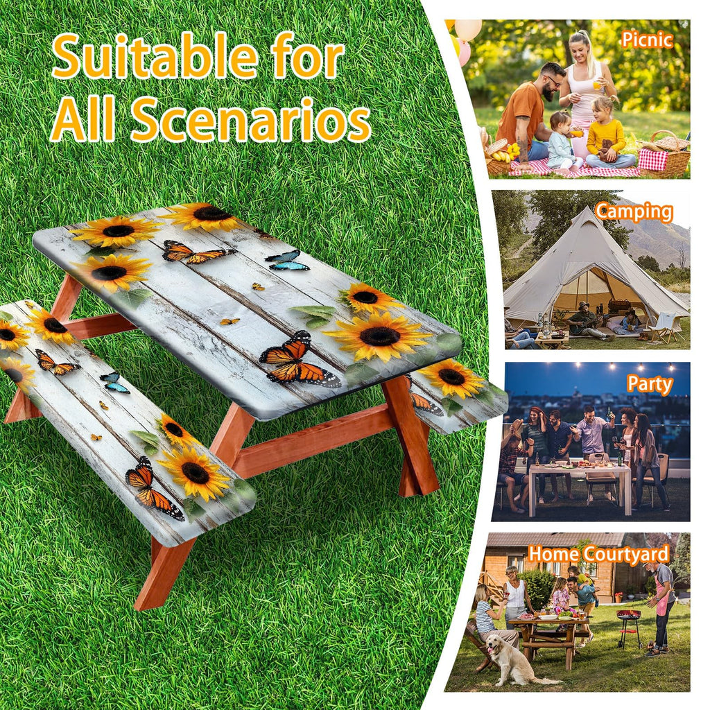 Park Picnic Table Cover with Bench Covers Lightweight Camping Essentials, Oil-Proof Waterproof 3PCS Tablecloth with Elastic, Fitted for Table 6FT Rectangle and Seats, American Flag Eagle (72x30in)
