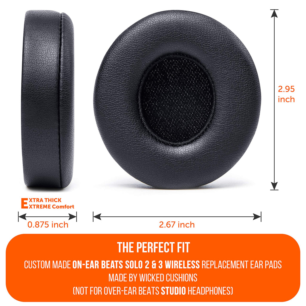 WC Extra Thick Replacement Earpads for Beats Solo 2 & 3 by Wicked Cushions - Ear Pads for Beats Solo 2 & 3 Wireless ON-Ear Headphones - Soft Leather, Luxury Memory Foam, Strong Adhesive | 90's Black