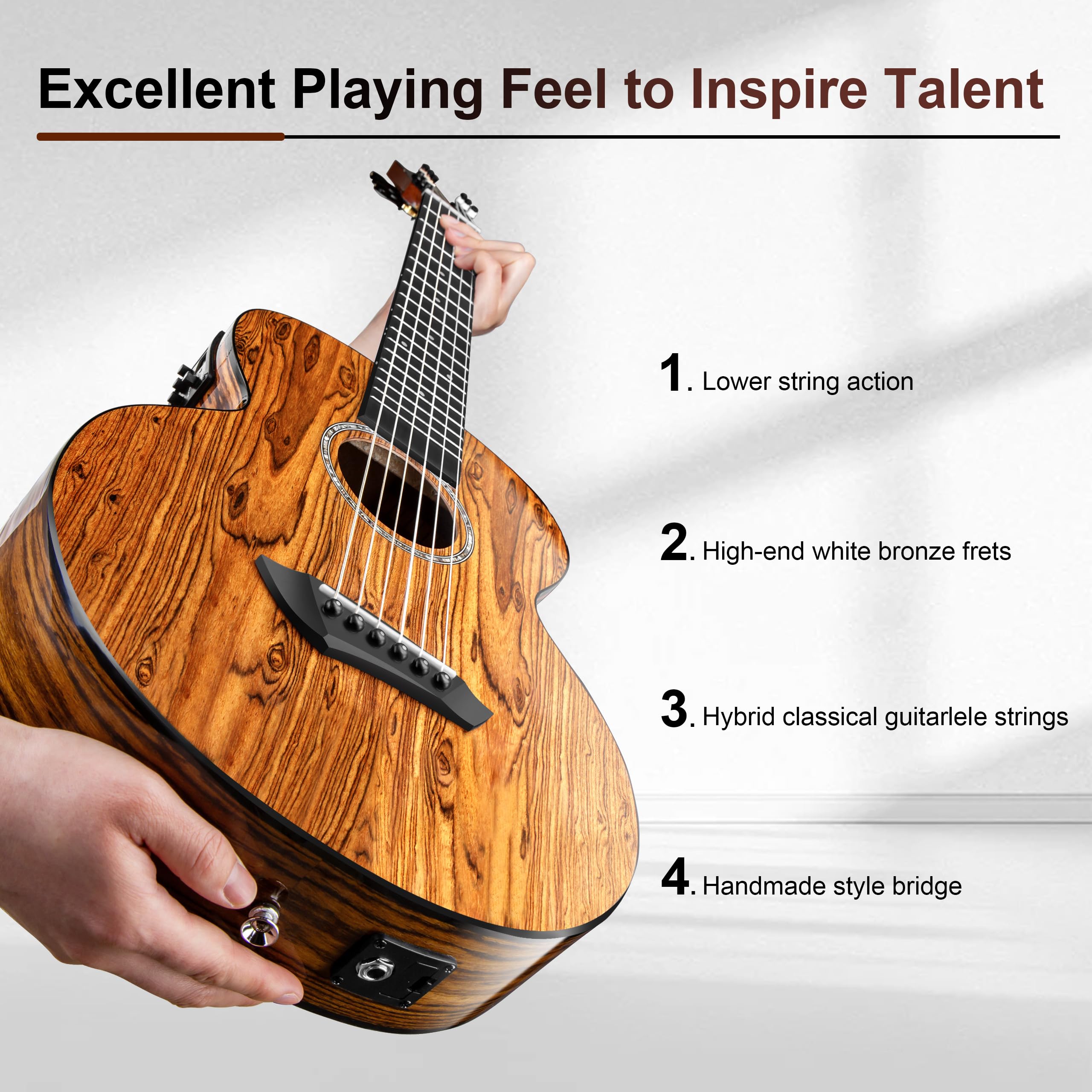 Caramel TEG95 Butterfly Bocote Glossy Tenor Acoustic & Electric Ukulele | 26-inch Handmade Professional Ukelele Kit with Accessories