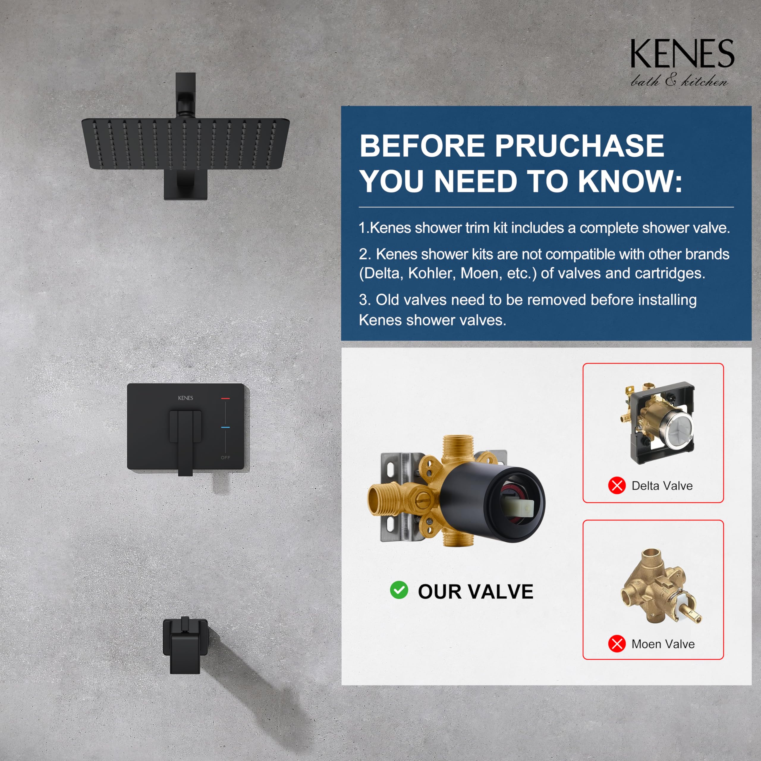 KENES Brushed Nickel 10-Inch Shower Head and Handle Set, Square Shower Faucet Set Bathroom Rainfall Shower System Wall Mount, KE-6024B (Shower Valve Included)
