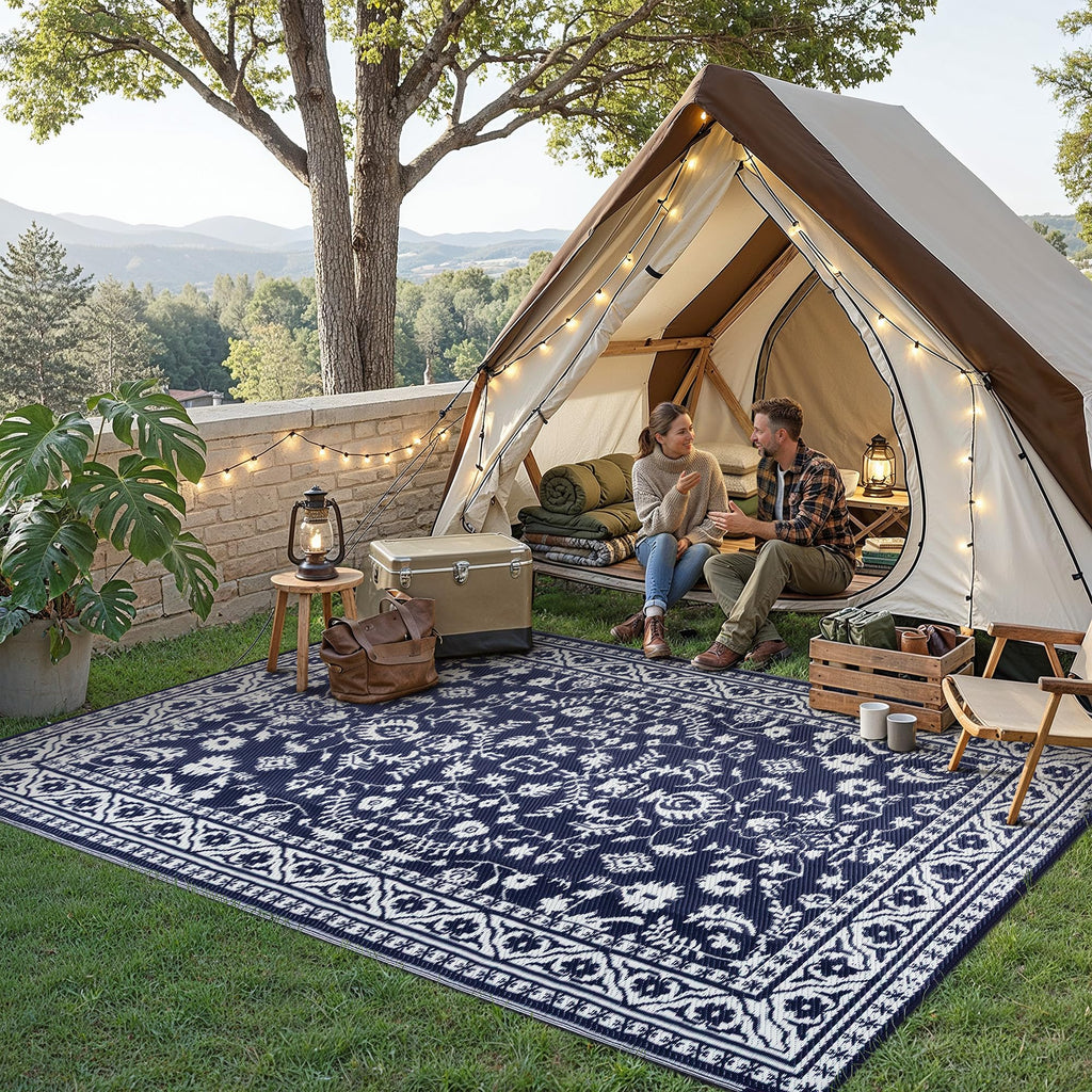 PureCozy Outdoor Plastic Straw Rug Black Beige Large Outside Waterproof Outdoor Patio 5x8 Carpet Geometric Reversible Mat Modern for Camping RV Porch Deck Balcony Beach