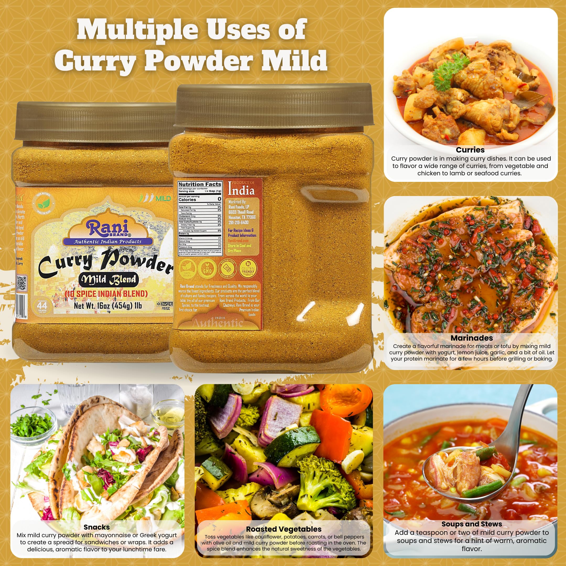 Rani Curry Powder Mild (10-Spice Authentic Indian Blend) 3oz (85g) PET Jar ~ All Natural | Salt-Free | NO Chili or Peppers | Vegan | No Colors | Gluten Friendly | NON-GMO | Kosher | Indian Origin