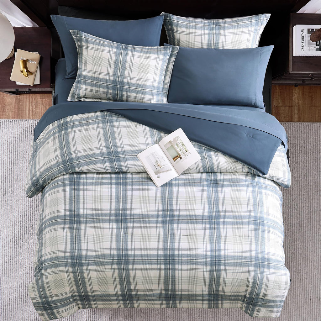 MaiRêve Queen Comforter Set, Classic Plaid Farmhouse Bedding Sets 7 Pieces, Beige All Season Bed in A Bag with Sheets, Pillowcases & Shams