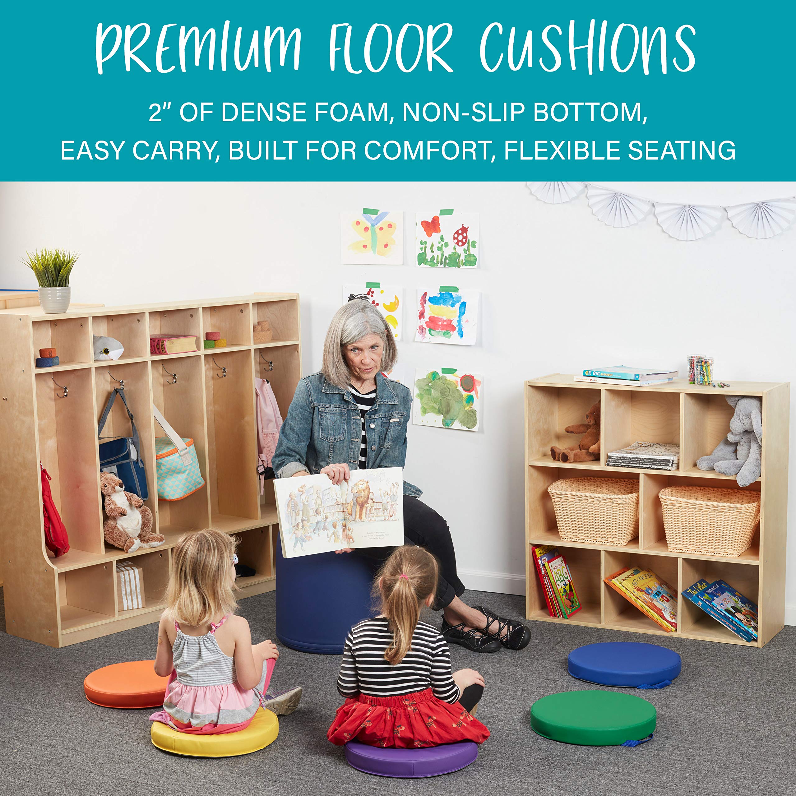 Factory Direct Partners SoftScape 15 inch Square Classroom Floor Cushions with Handles; Flexible Seating for Daycare, Preschool, Playroom; 2 inch Thick Deluxe Foam (6-Piece) - Assorted, 12228-AS