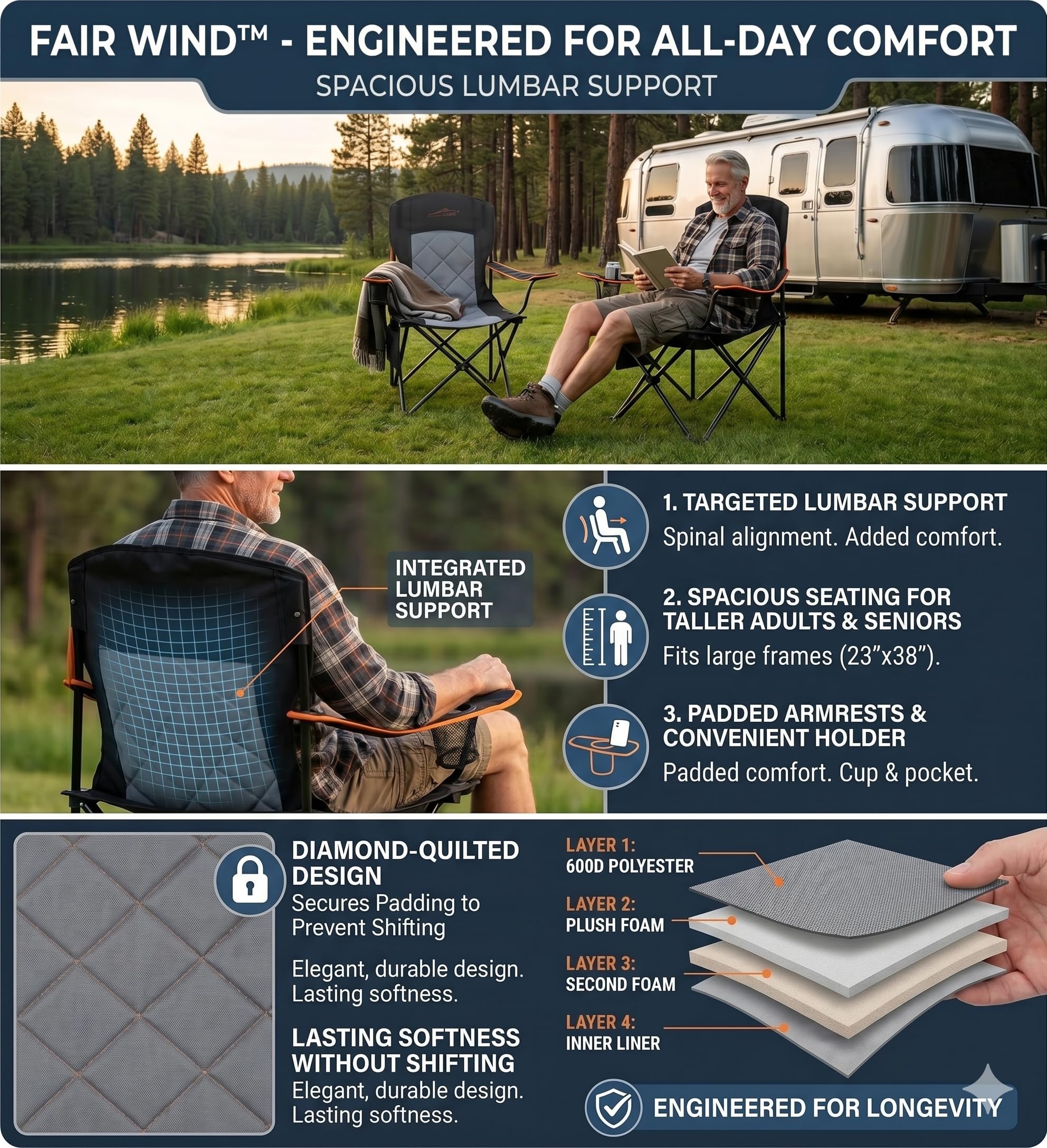 FAIR WIND Oversized Padded Camping Chair 2 Pack 350 LBS Capacity Fully Padded Lawn Quad Chair with Side Pocket & Cup Holder, Heavy Duty Lawn Chair for Outside, Tailgating, Beach, Sports
