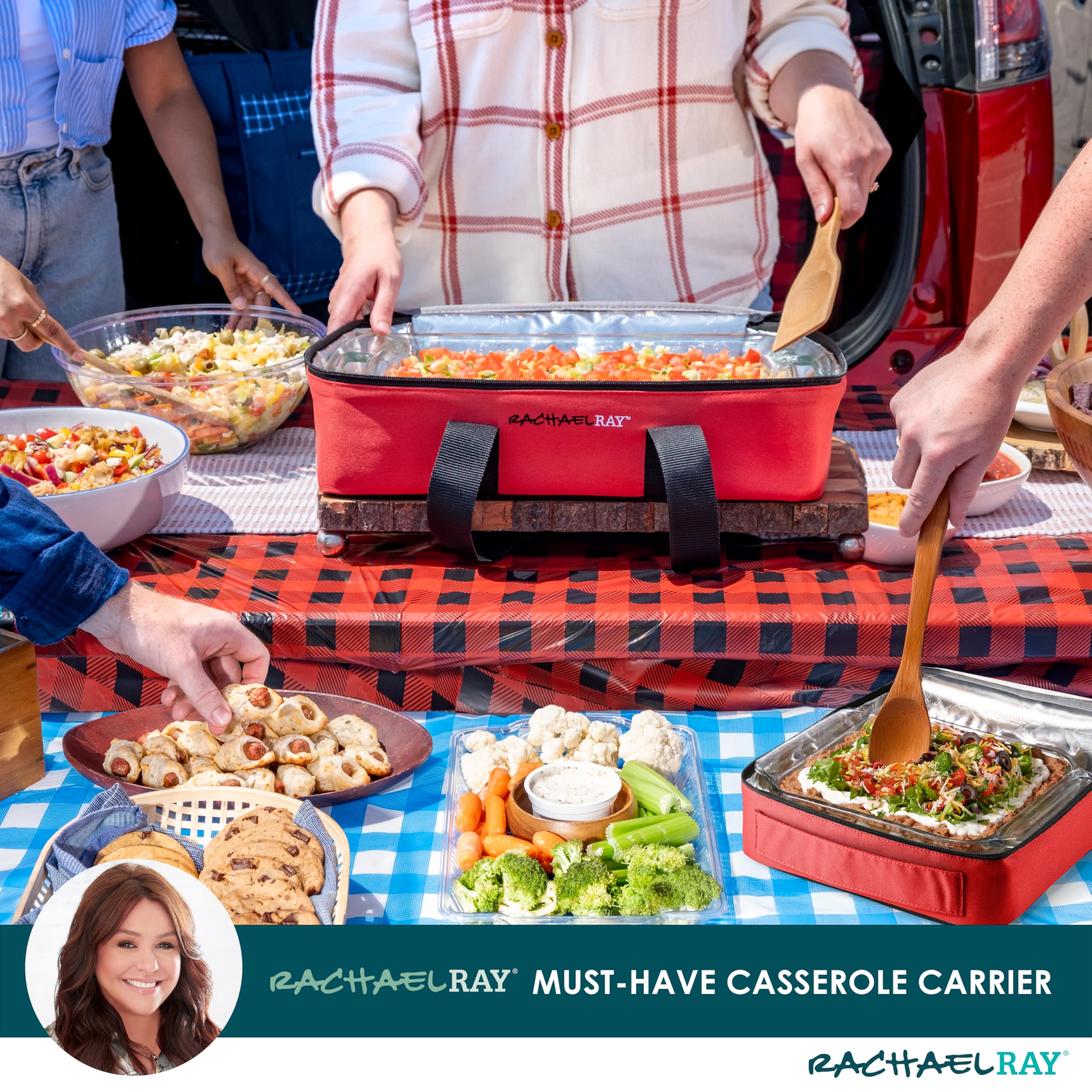 Rachael Ray Lugger Duo, Insulated Casserole Carrier for Hot or Cold Food, Thermal Lasanga Lugger Tote for Pockluck, Parties, Picnic, and Cookouts, Fits 9" x 13" Baking Dish, Burgundy
