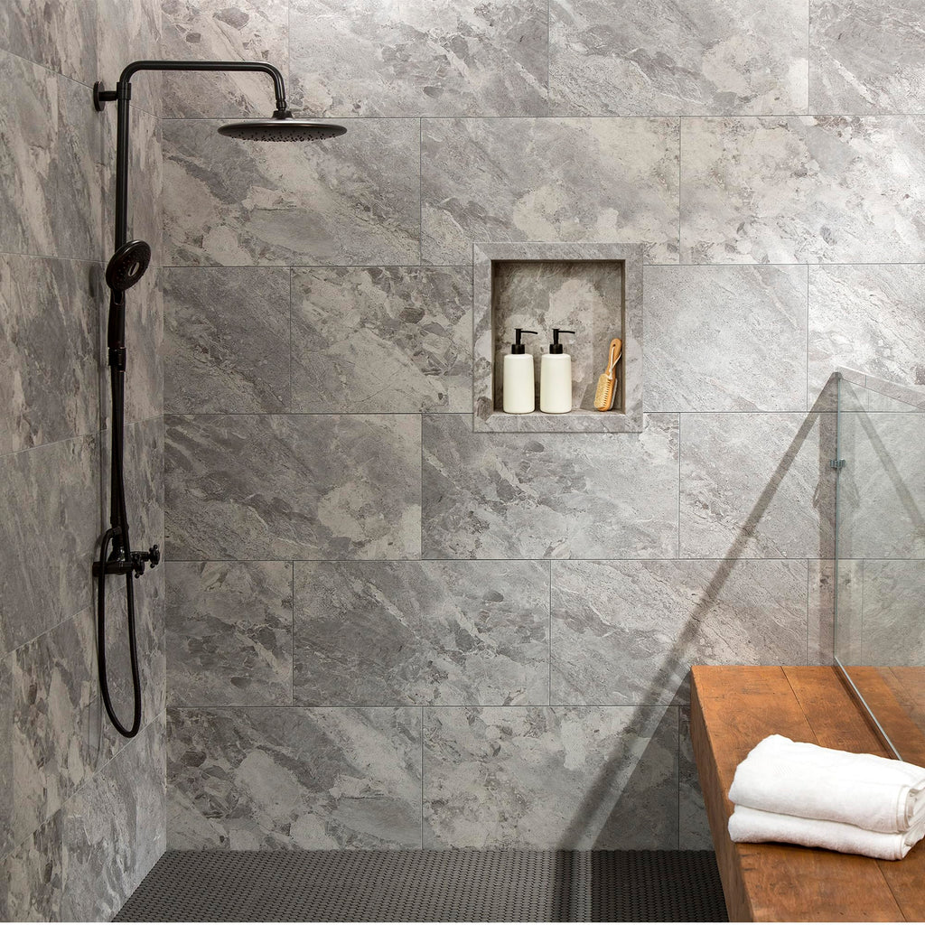Palisade 17.5 in x 15.5 in Vinyl Shower Niche Ashen Slate | Waterproof Shower Insert