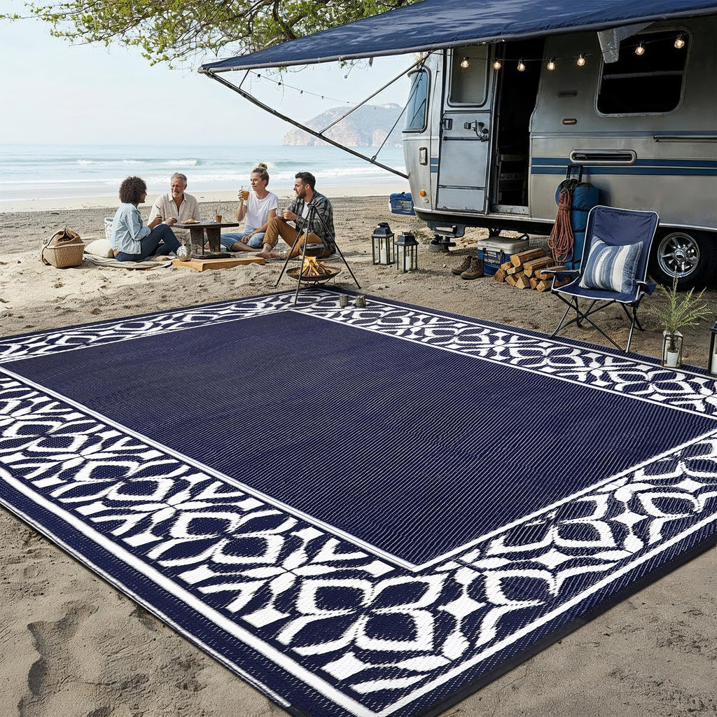 PureCozy Outdoor Plastic Straw Rug Black Beige Large Outside Waterproof Outdoor Patio 5x8 Carpet Geometric Reversible Mat Modern for Camping RV Porch Deck Balcony Beach