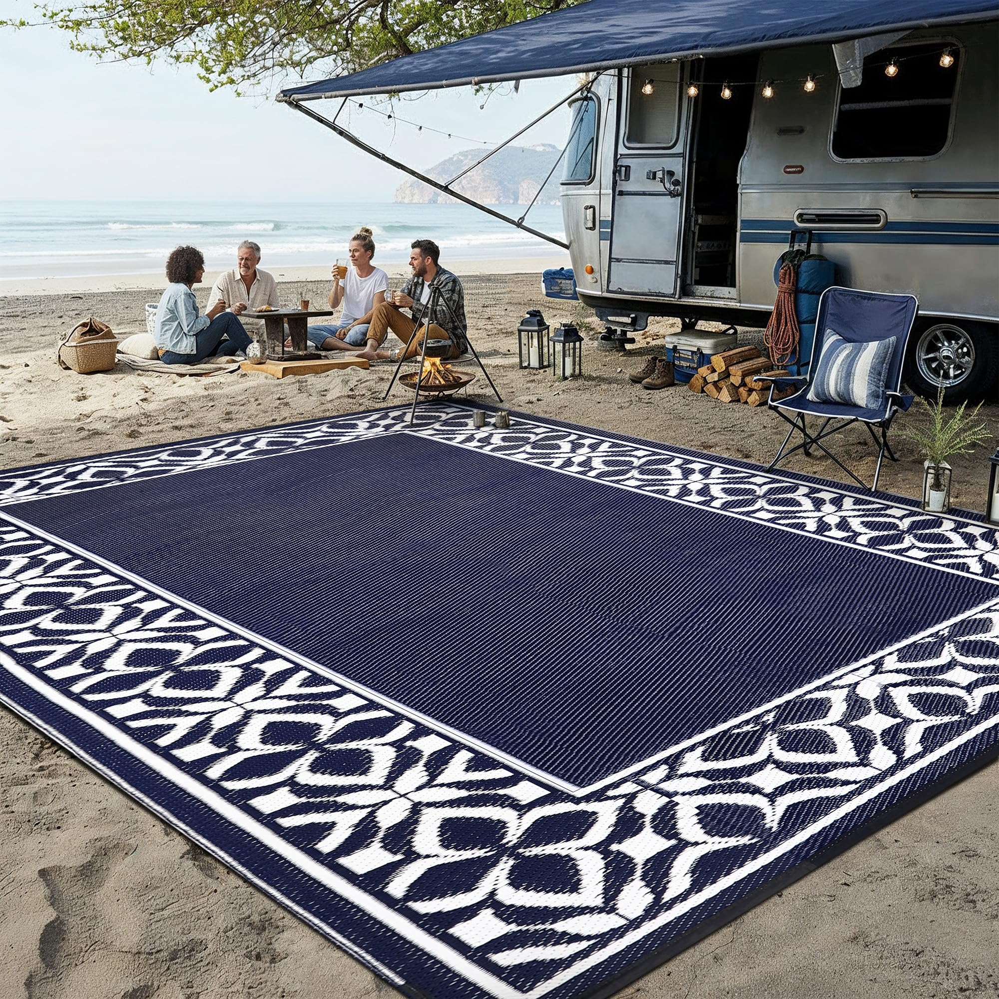 PureCozy Outdoor Plastic Straw Rug Black Beige Large Outside Waterproof Outdoor Patio 5x8 Carpet Geometric Reversible Mat Modern for Camping RV Porch Deck Balcony Beach